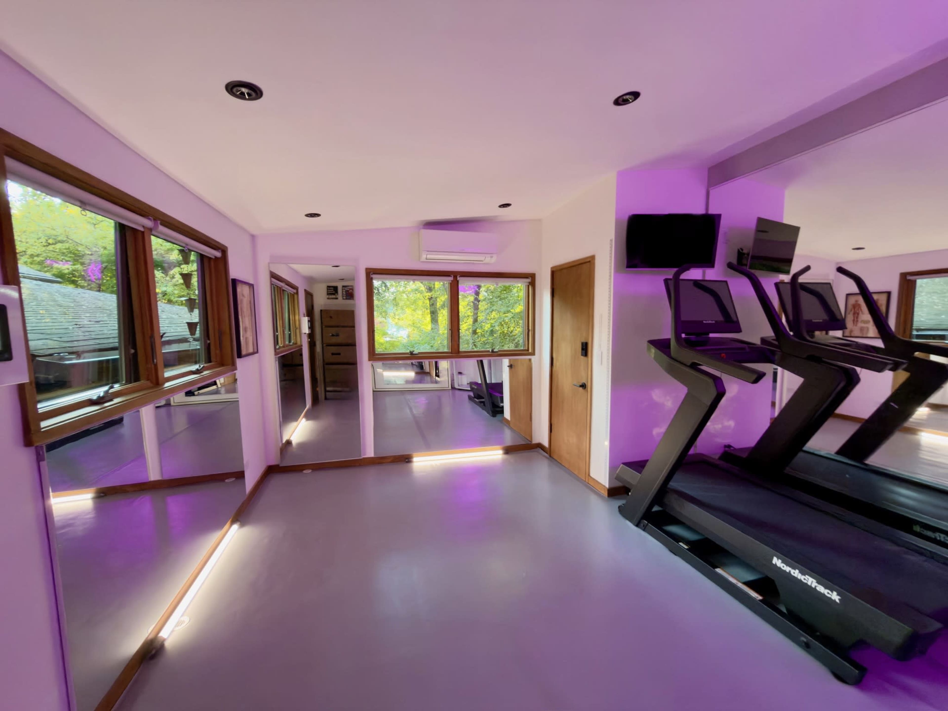 The image shows a modern gym interior with two treadmills, large windows letting in natural light, and purple ambient lighting.