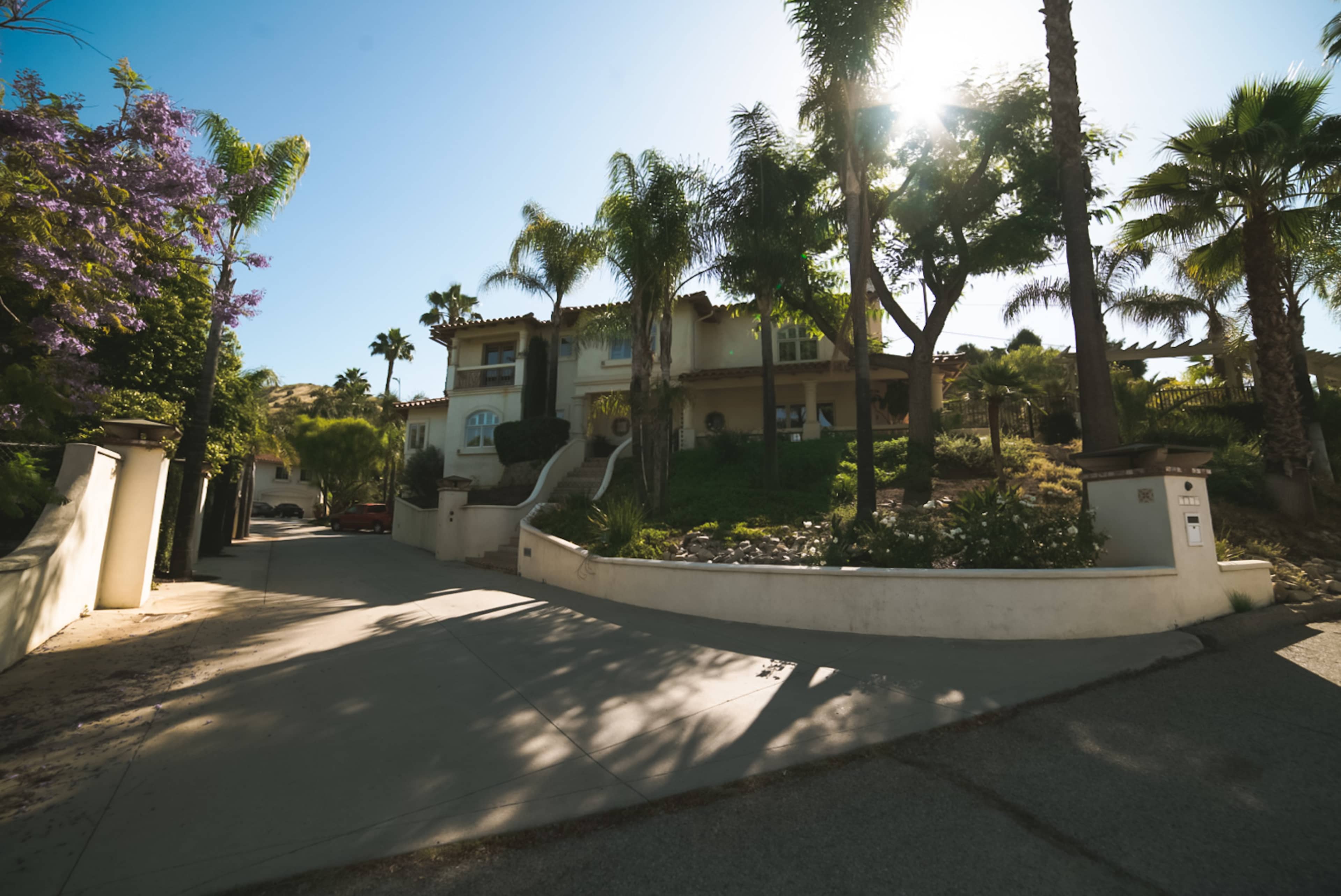 A large, two-story house with palm trees and flowering plants is set on a sloped driveway, illuminated by sunlight.