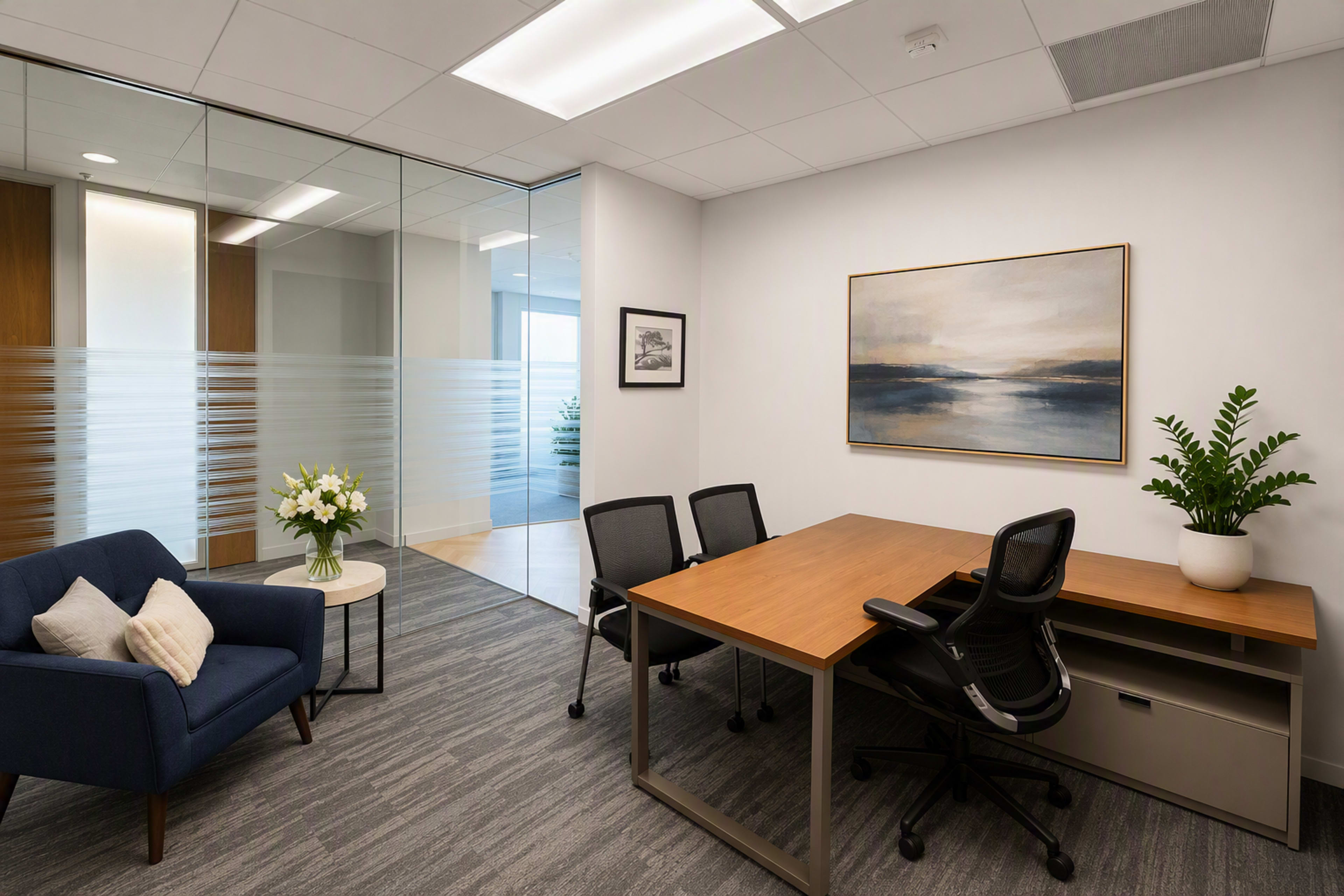 The image shows a modern office space featuring a wooden desk, two black chairs, a blue armchair, and a potted plant, with large glass windows in the background.