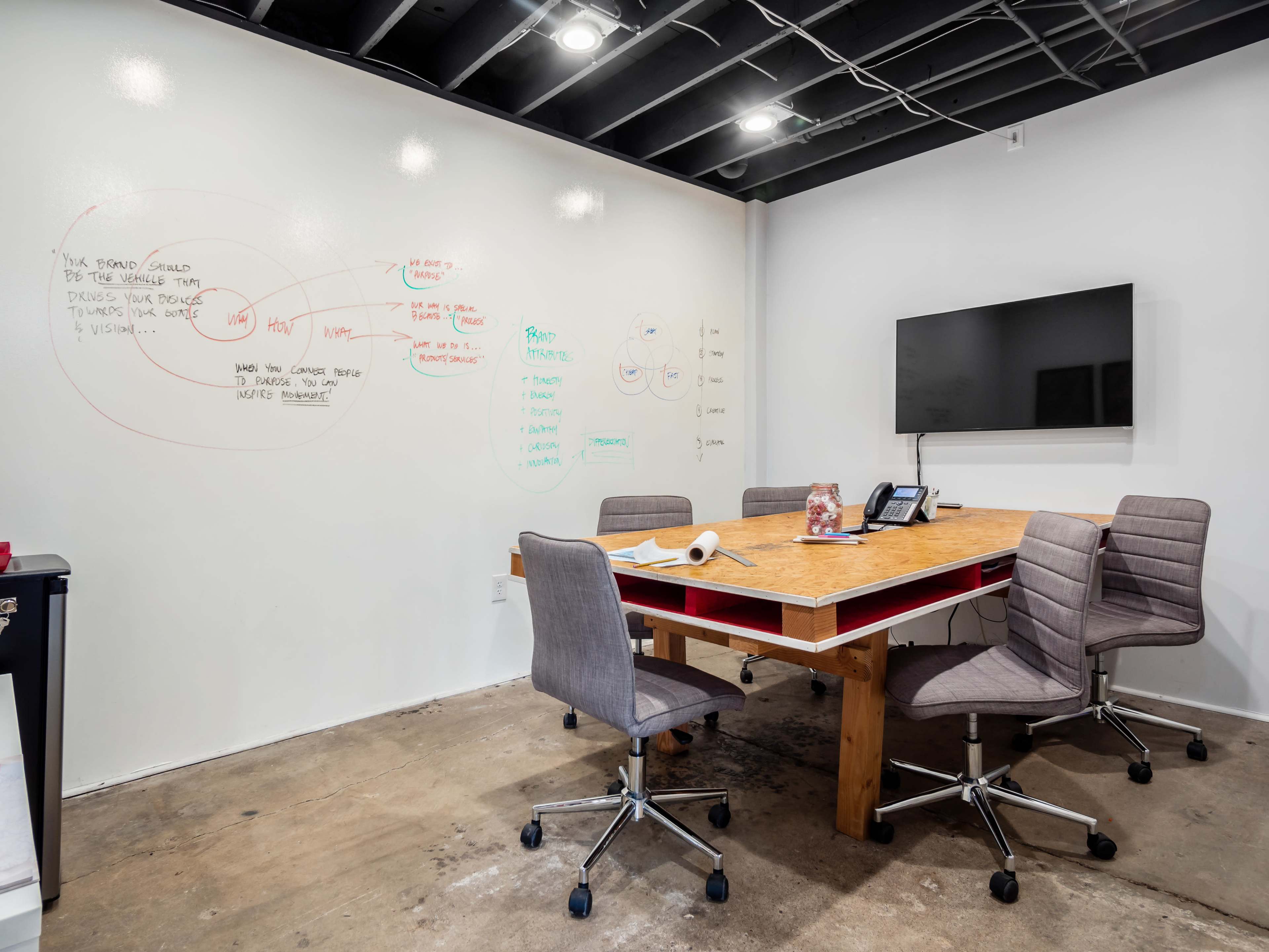A conference room features a large wooden table surrounded by four gray chairs, with a whiteboard displaying diagrams and notes on one wall and a television mounted on another.