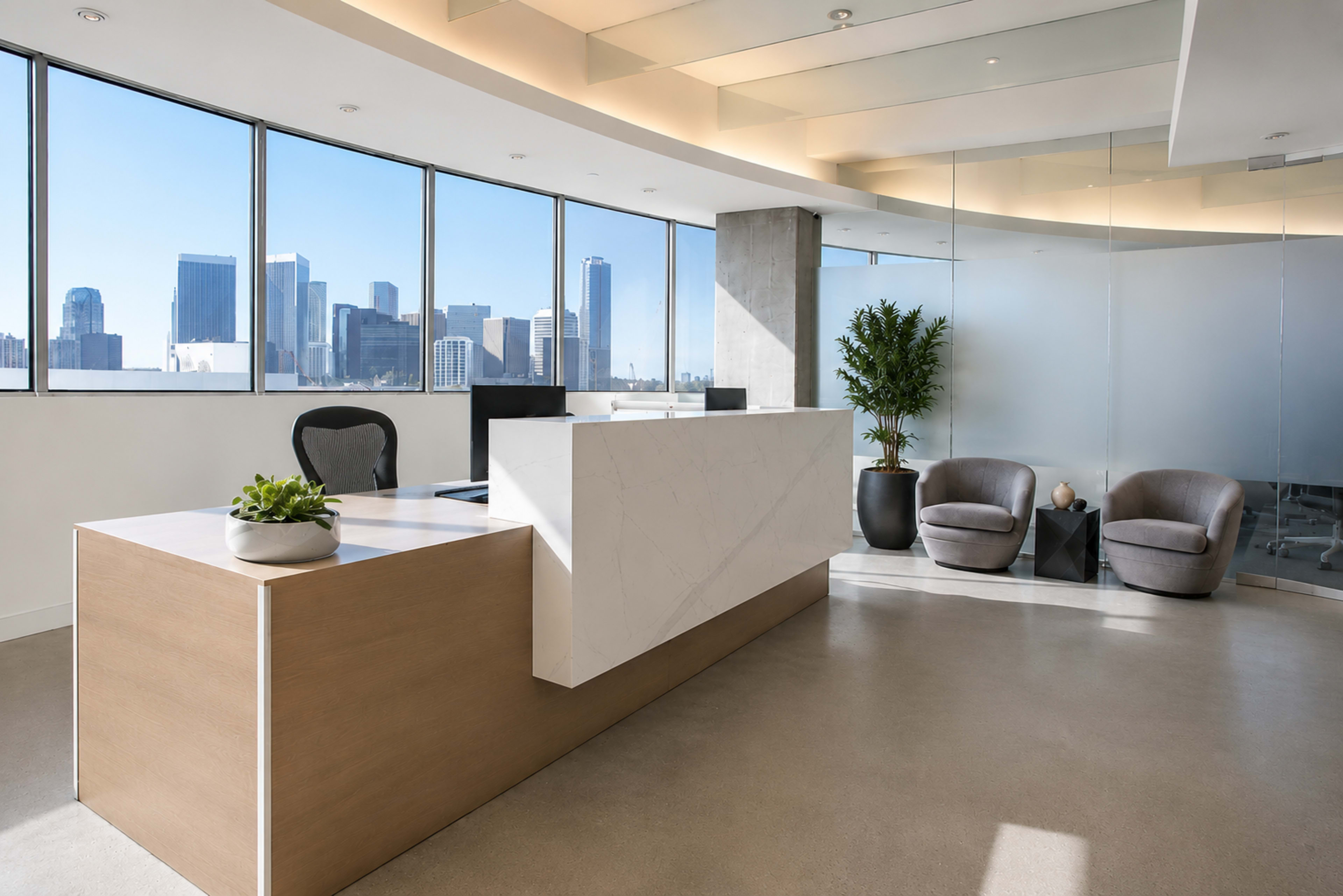 A modern office reception area features a sleek front desk, two comfortable chairs, and large windows showcasing a city skyline.
