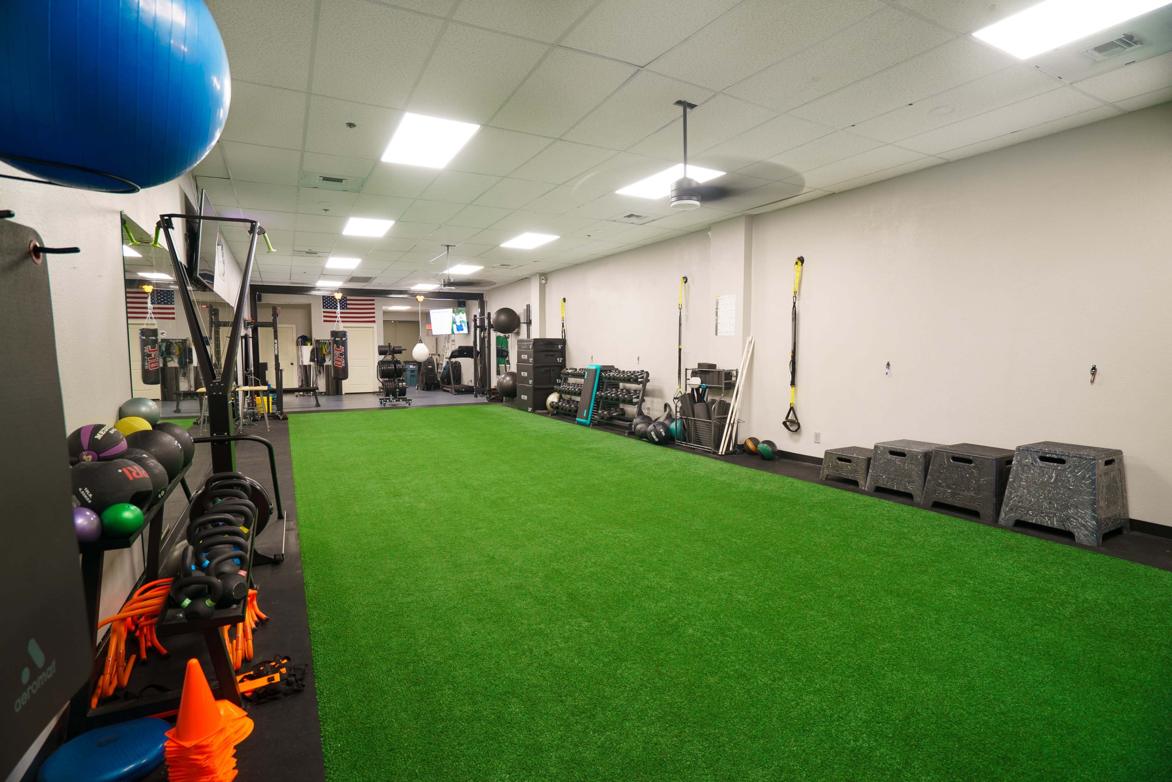A spacious gym area featuring artificial turf, various fitness equipment, and exercise accessories along the walls.