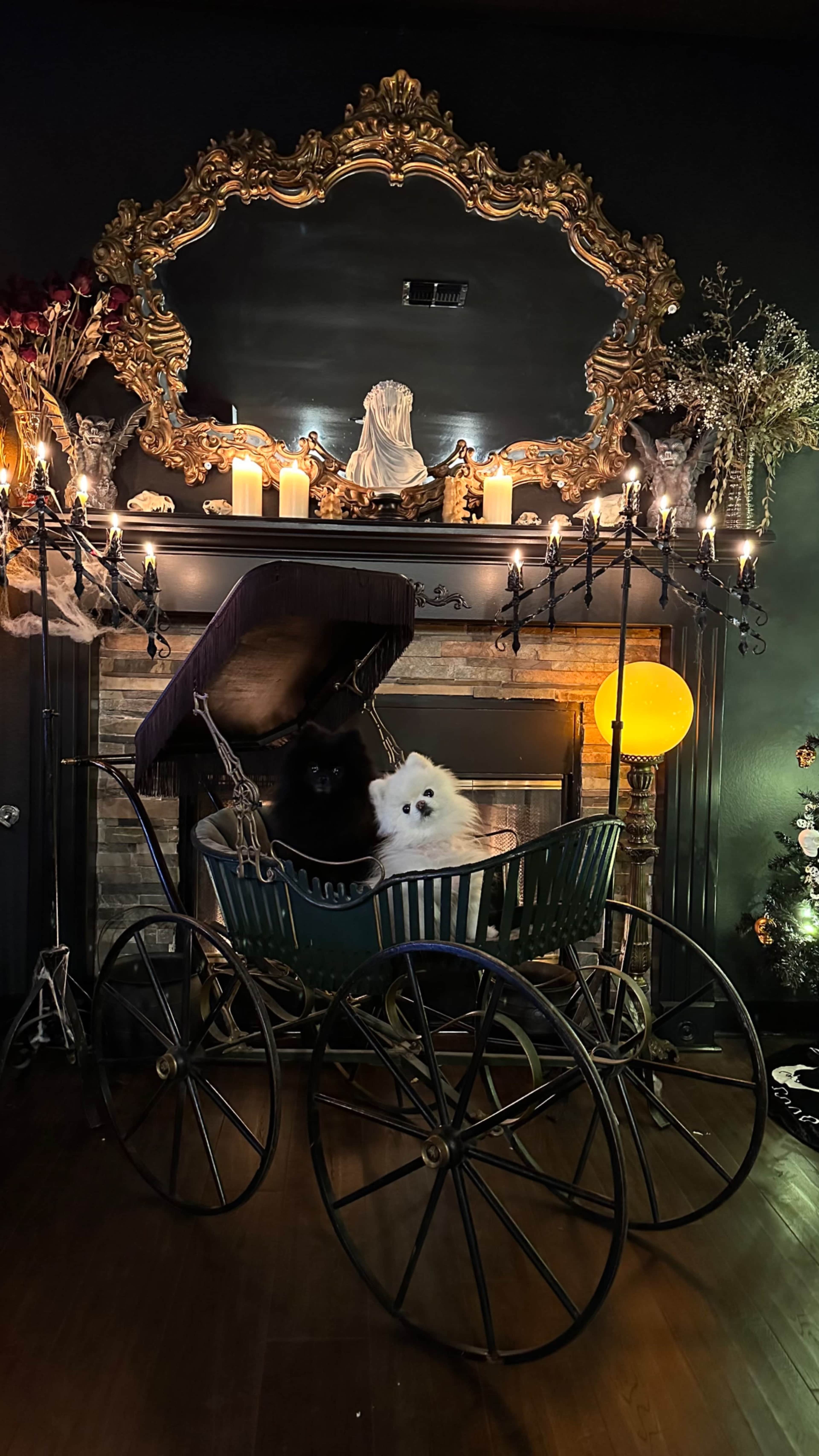 A vintage horse-drawn carriage sits in front of a dark fireplace, adorned with candles and a large ornate mirror, while two dogs rest inside.
