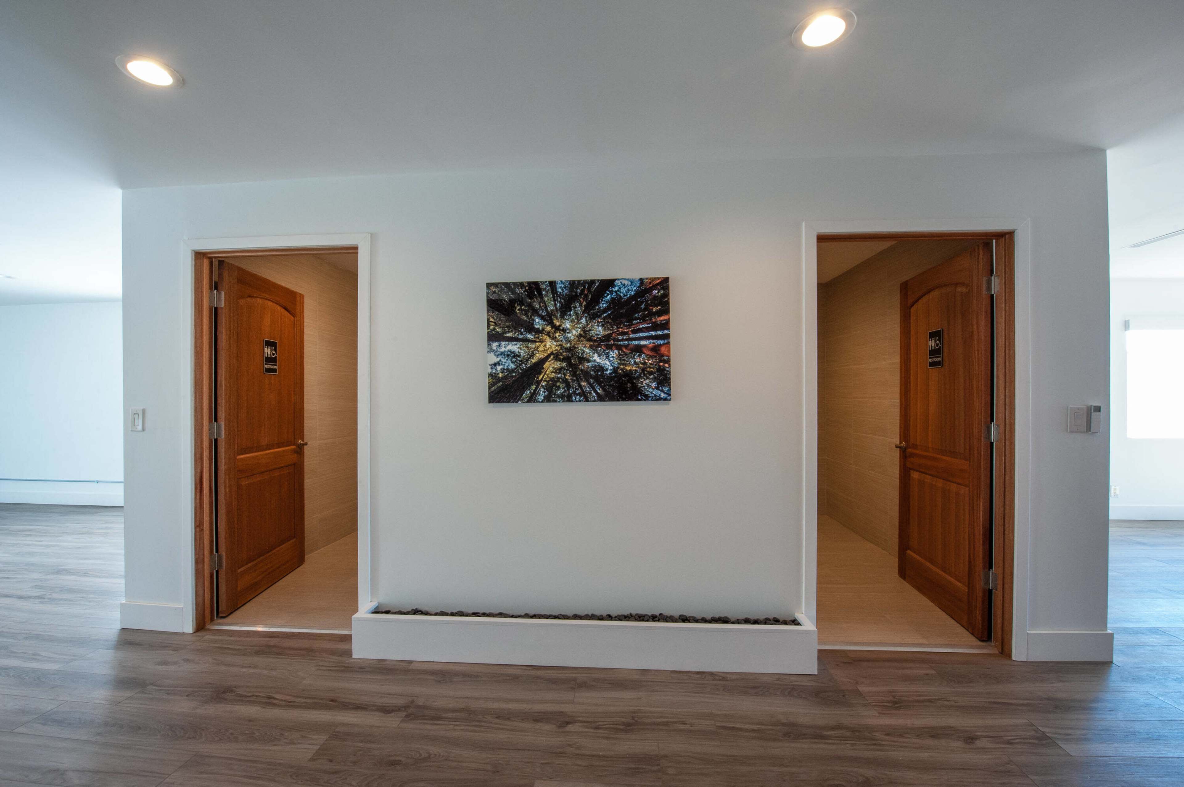 The image shows a hallway with two wooden doors on opposite sides and a framed picture mounted on the wall between them.