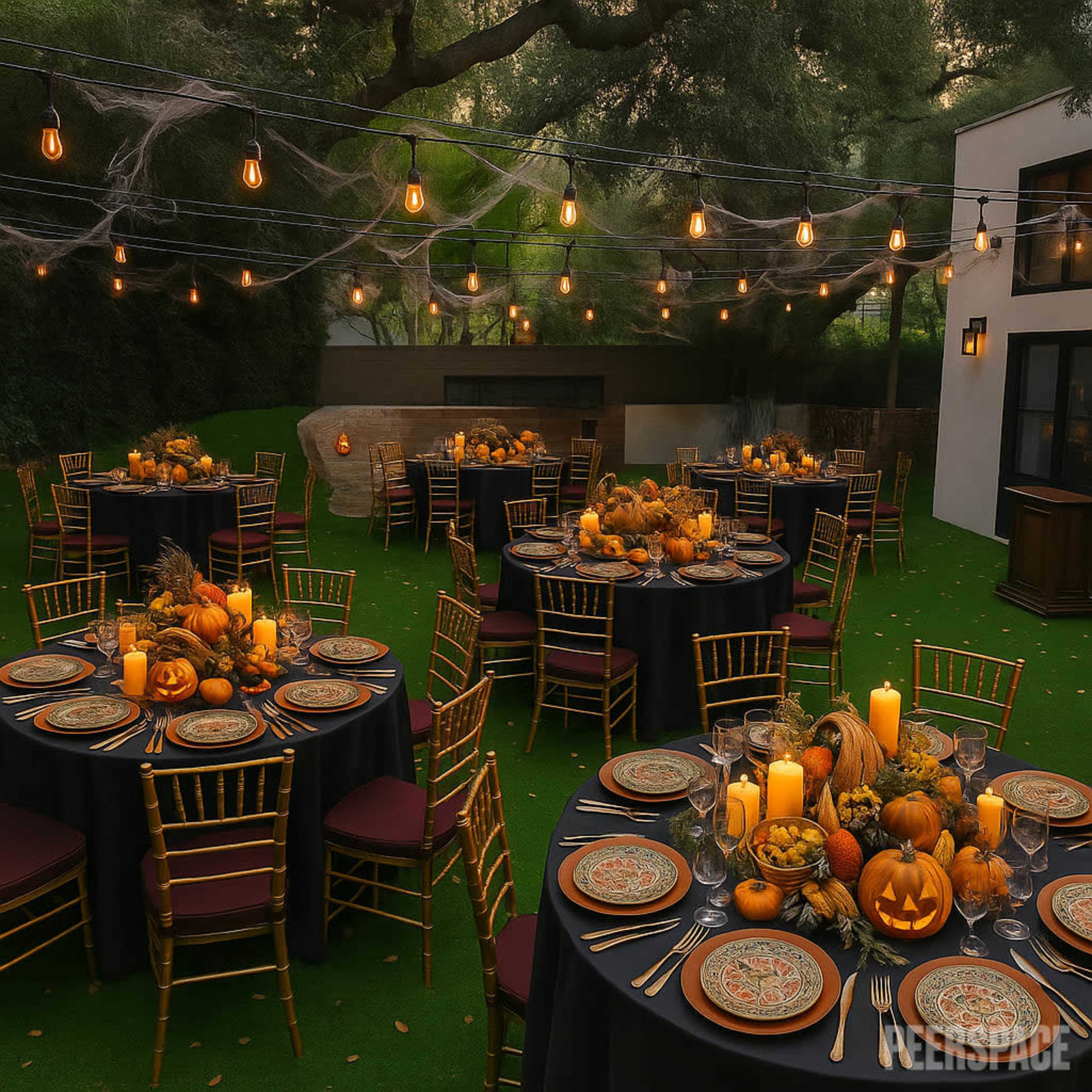 An outdoor dining area is arranged with several tables adorned with black tablecloths, decorative plates, candles, and autumn-themed centerpieces, all illuminated by string lights overhead.