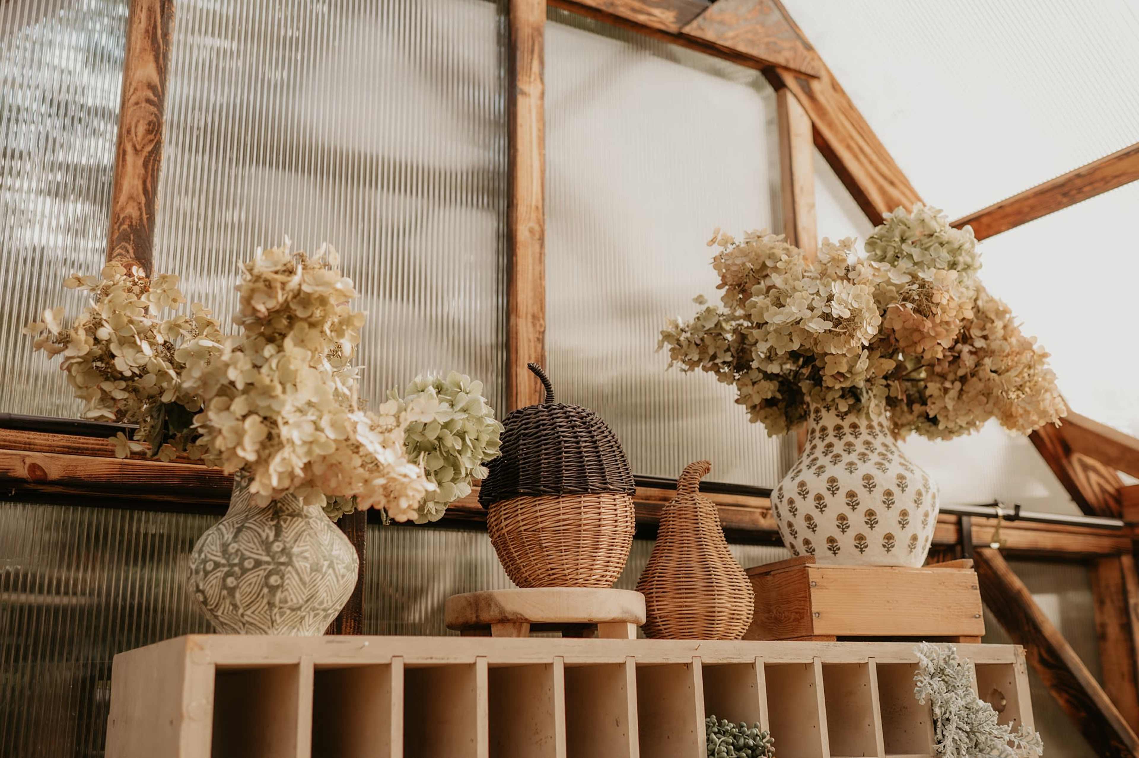 A collection of vases filled with dried flowers is arranged on a wooden shelf inside a greenhouse.