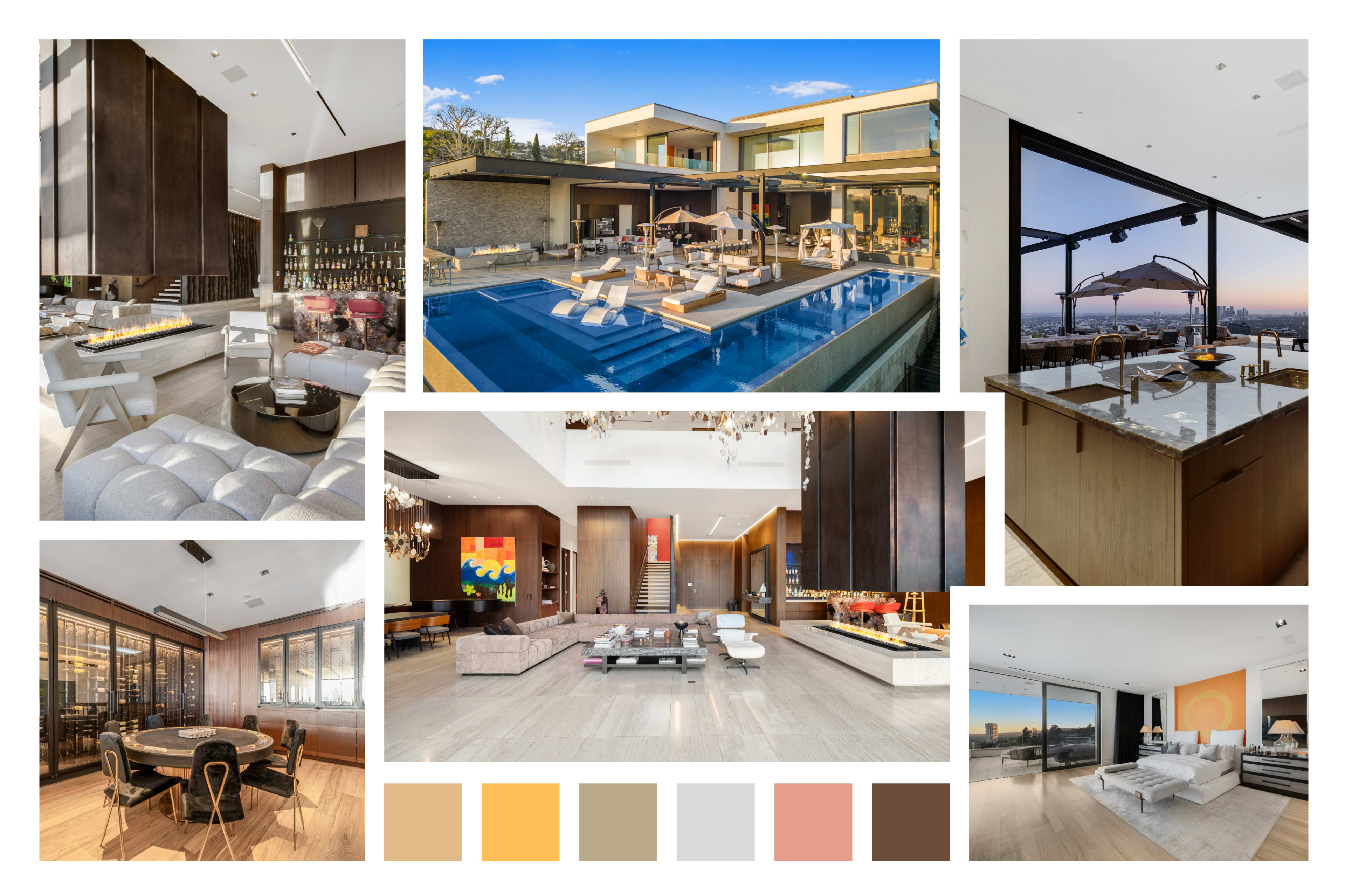 The image features a luxurious modern mansion with various interior and exterior spaces, including a pool, living areas, a dining room, and large windows showcasing expansive views.
