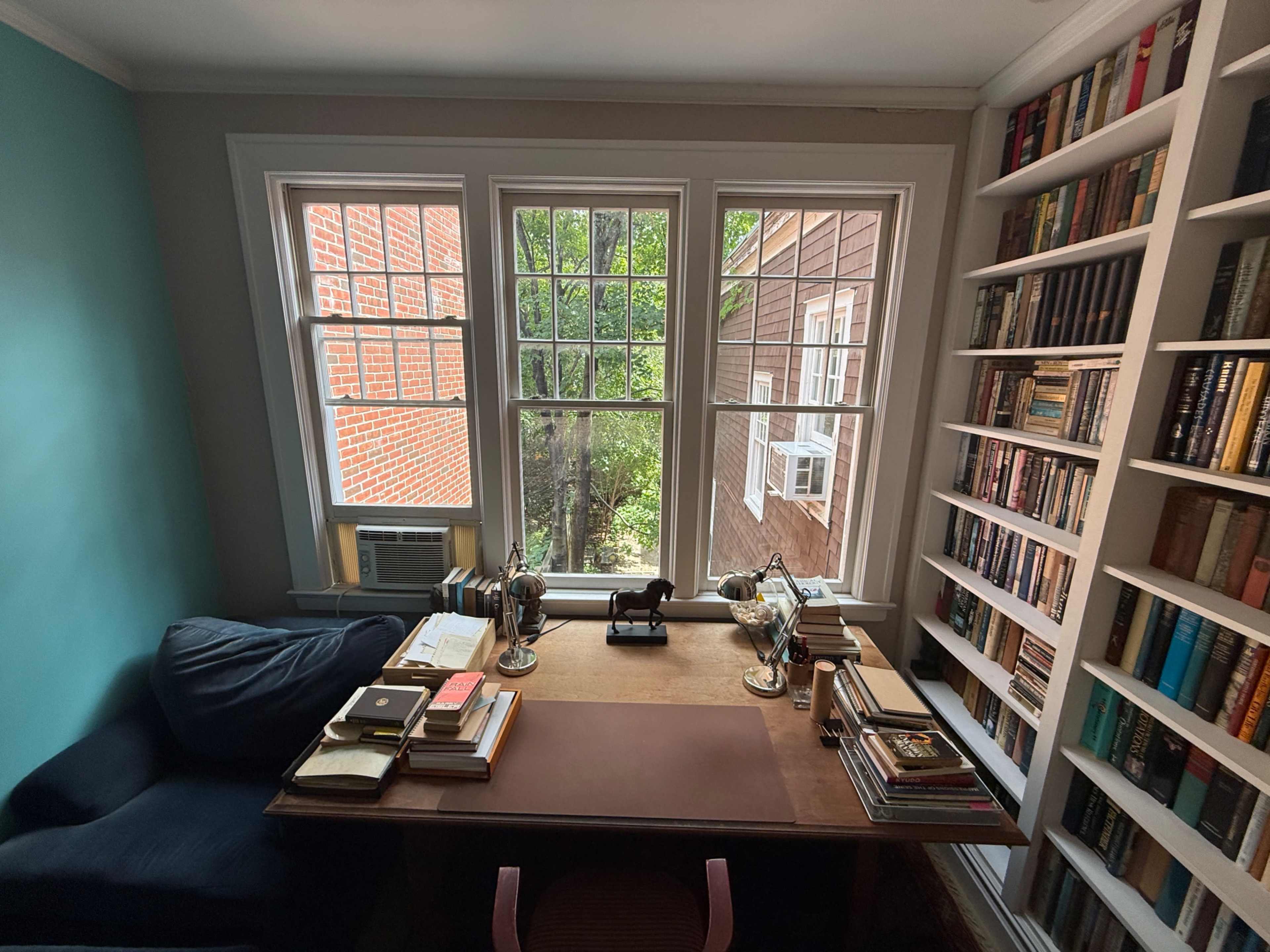 The image shows a cozy home office with a wooden desk cluttered with books and a desk lamp, surrounded by bookshelves and large windows that offer a view of greenery outside.
