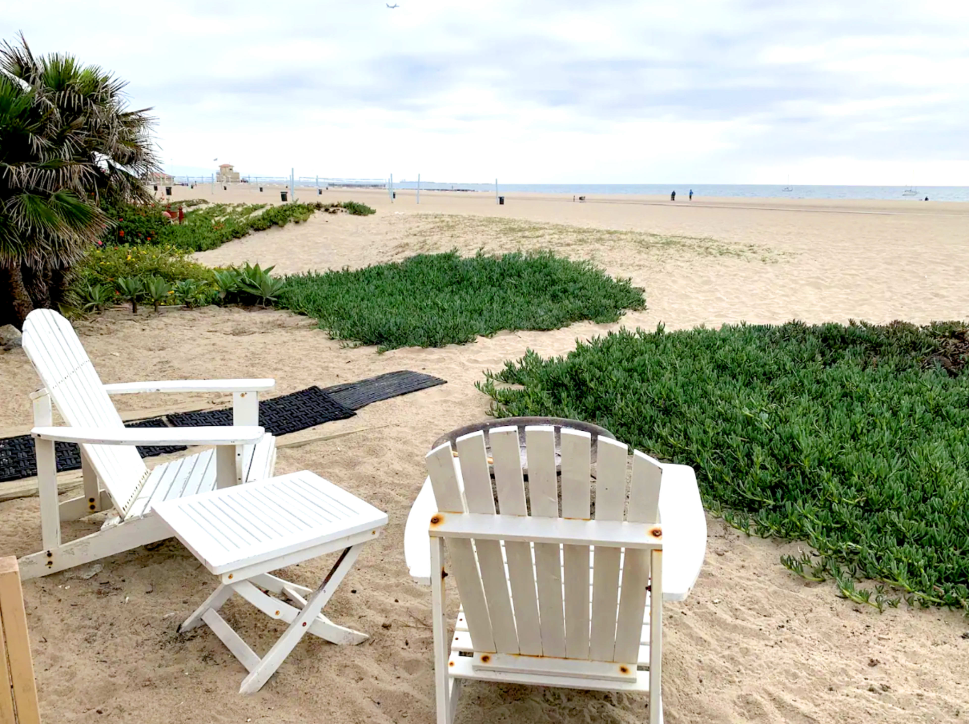 Two white chairs are positioned on a sandy beach, overlooking a stretch of green vegetation and the ocean in the distance.