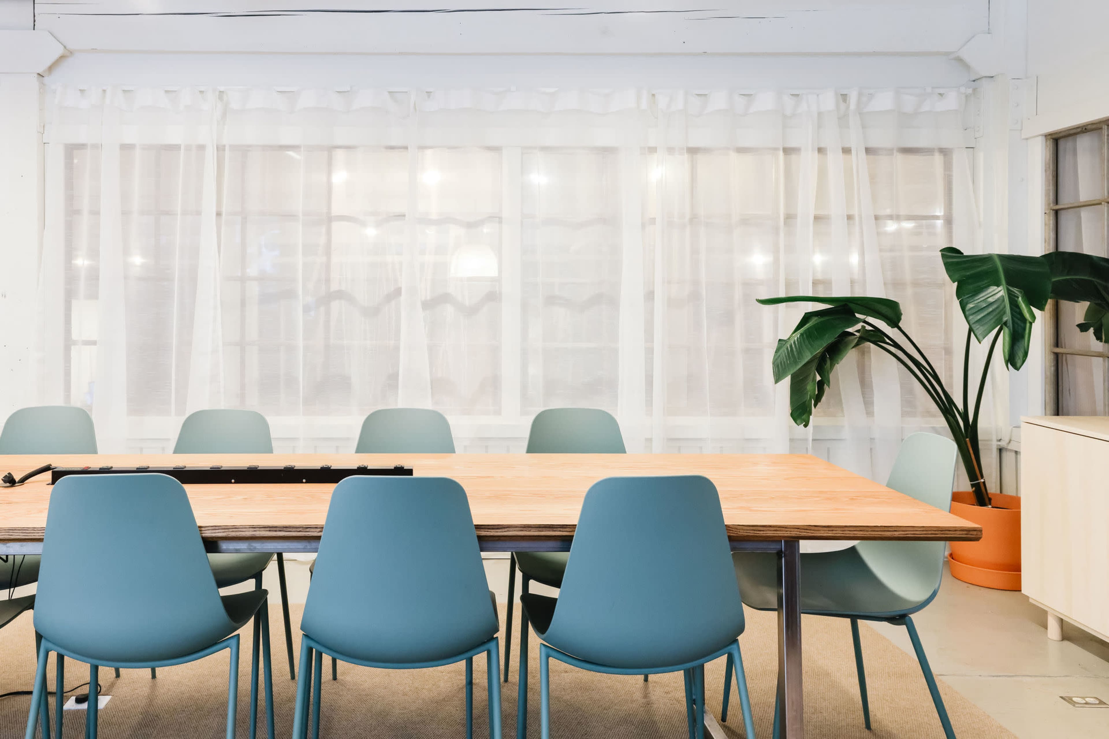A large wooden table surrounded by several blue chairs is set in a well-lit room with white curtains and a potted plant in the corner.