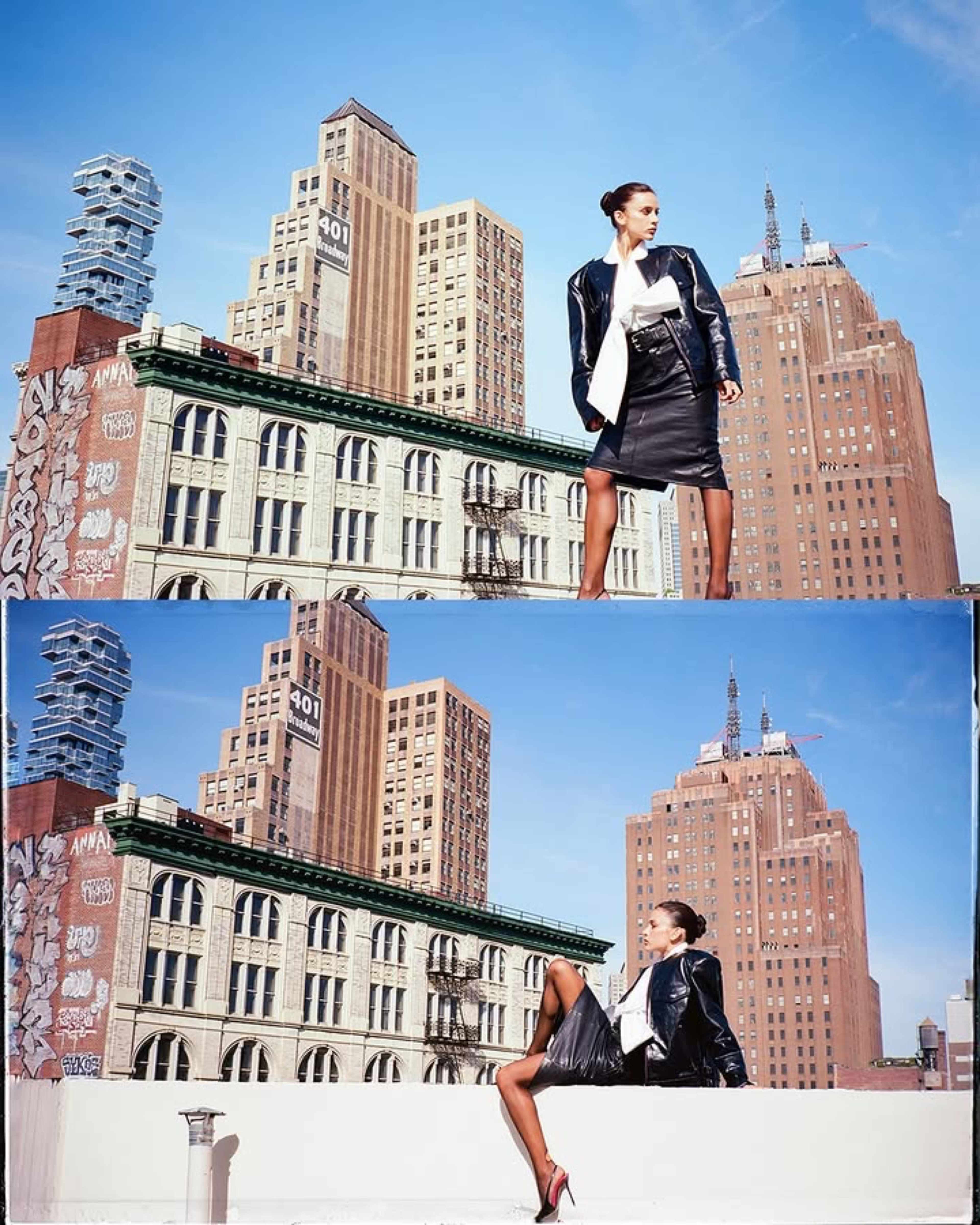 A model poses on a rooftop against a backdrop of tall, urban buildings under a clear blue sky.