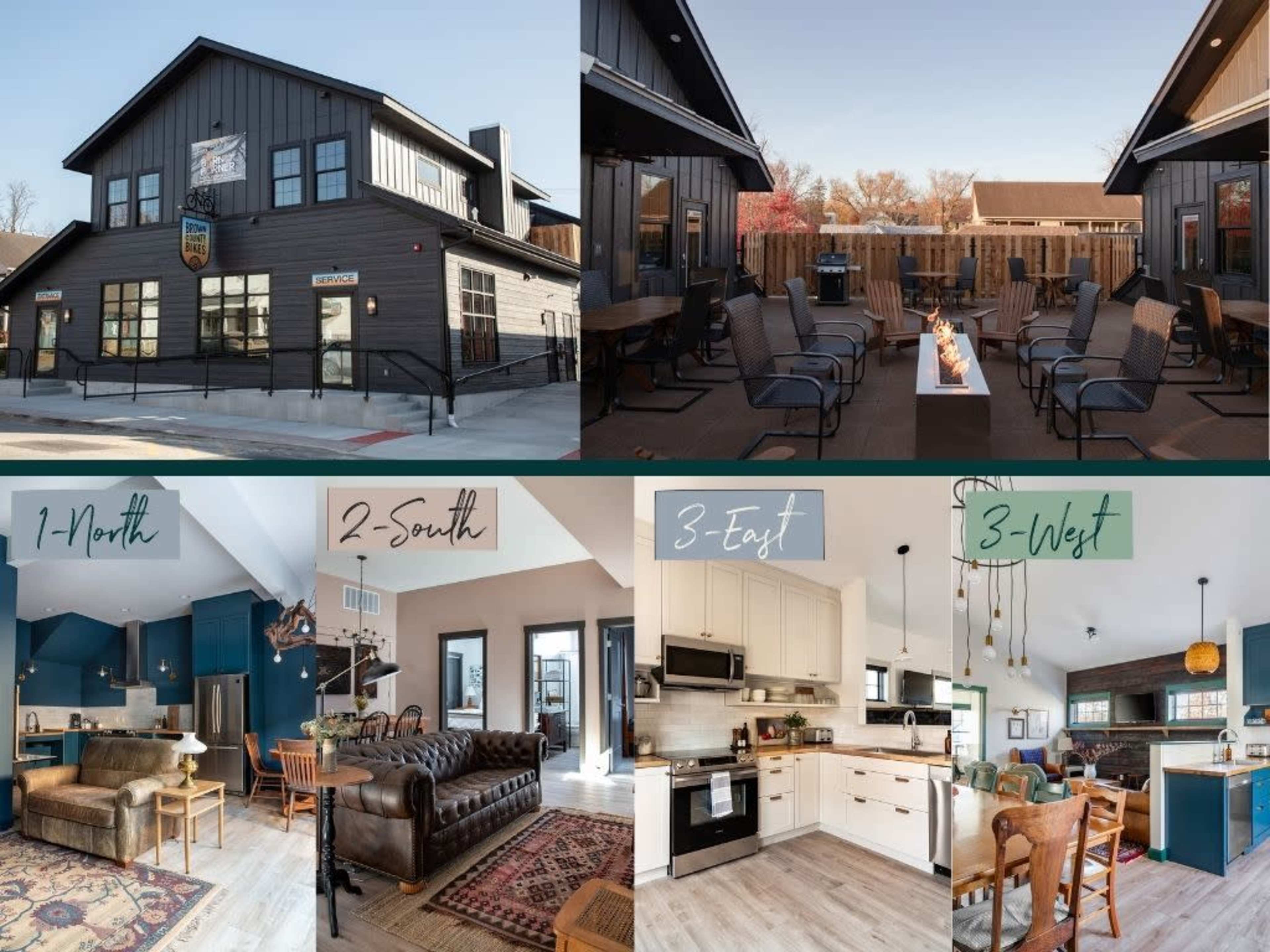 The image displays a modern multi-building property featuring a communal outdoor seating area with a fire pit, alongside interior views of different living spaces with various styles and furnishings.