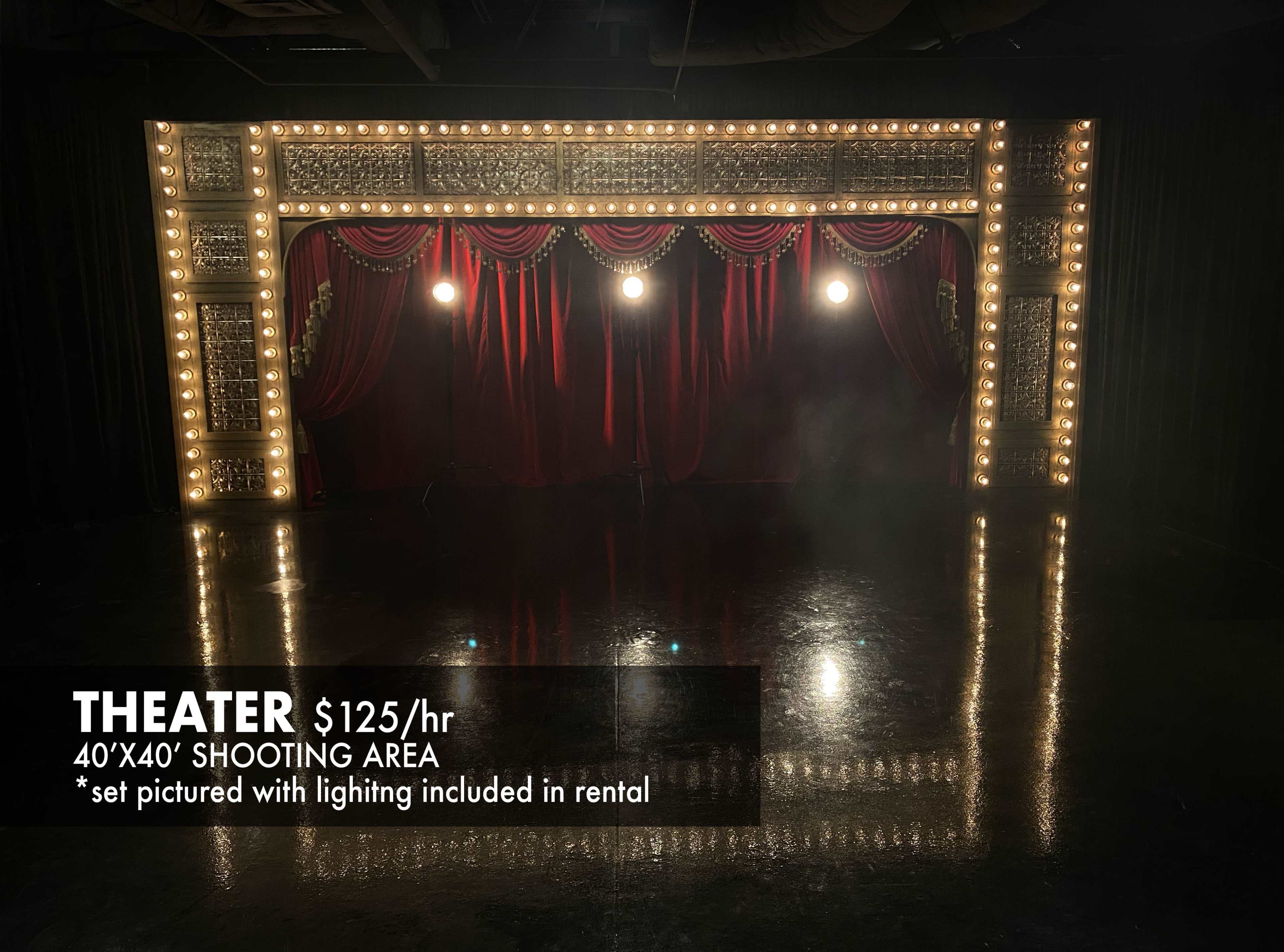A theater stage with a decorated backdrop, red curtains, and bright lights, available for rent as a shooting area.