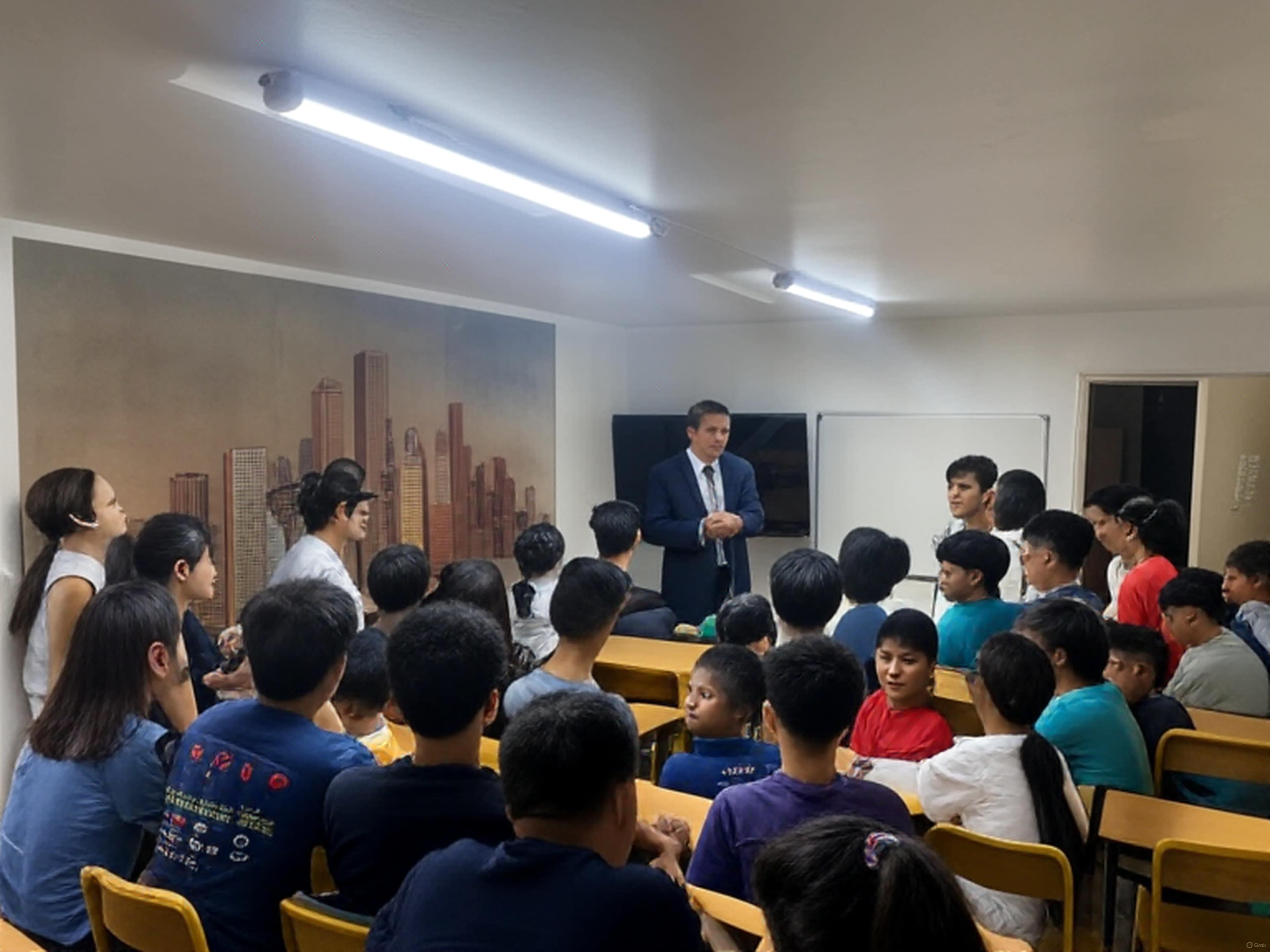 A man in a suit stands in front of a group of seated children and teenagers in a classroom setting.