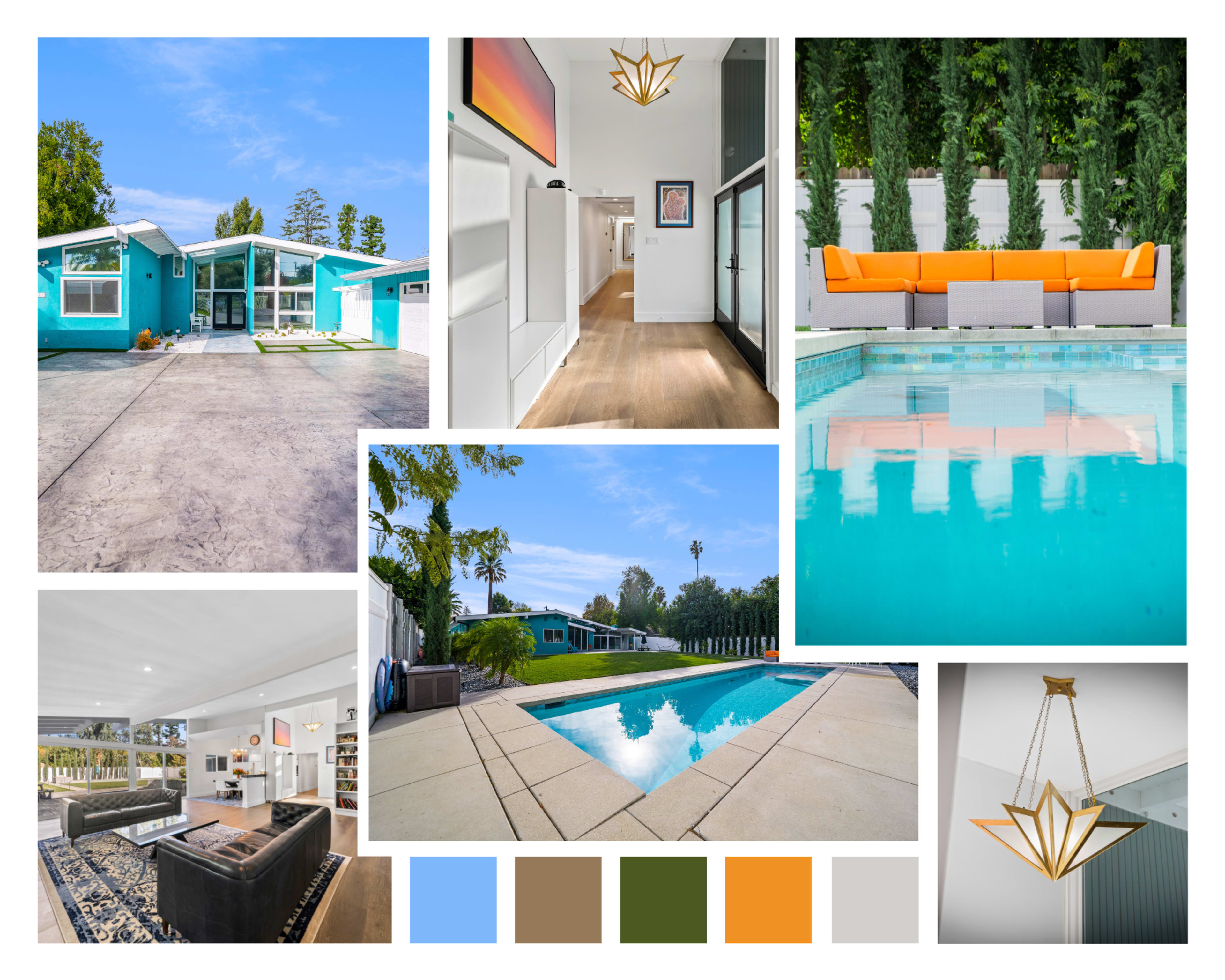 A collage of a turquoise house, a bright living space, an outdoor pool area with orange furniture, and a modern light fixture.