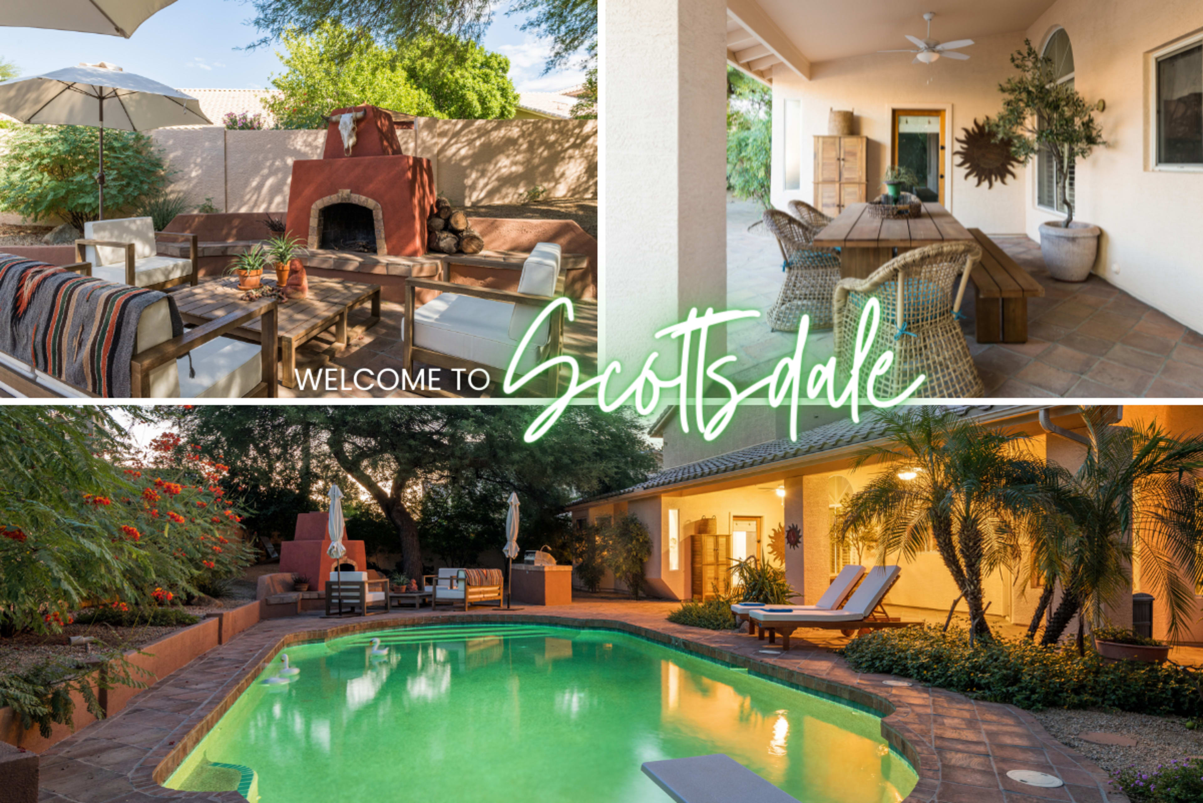 Two scenes: an outdoor patio area with seating and a fireplace at the top, and a poolside area with lounge chairs and landscaping at the bottom.