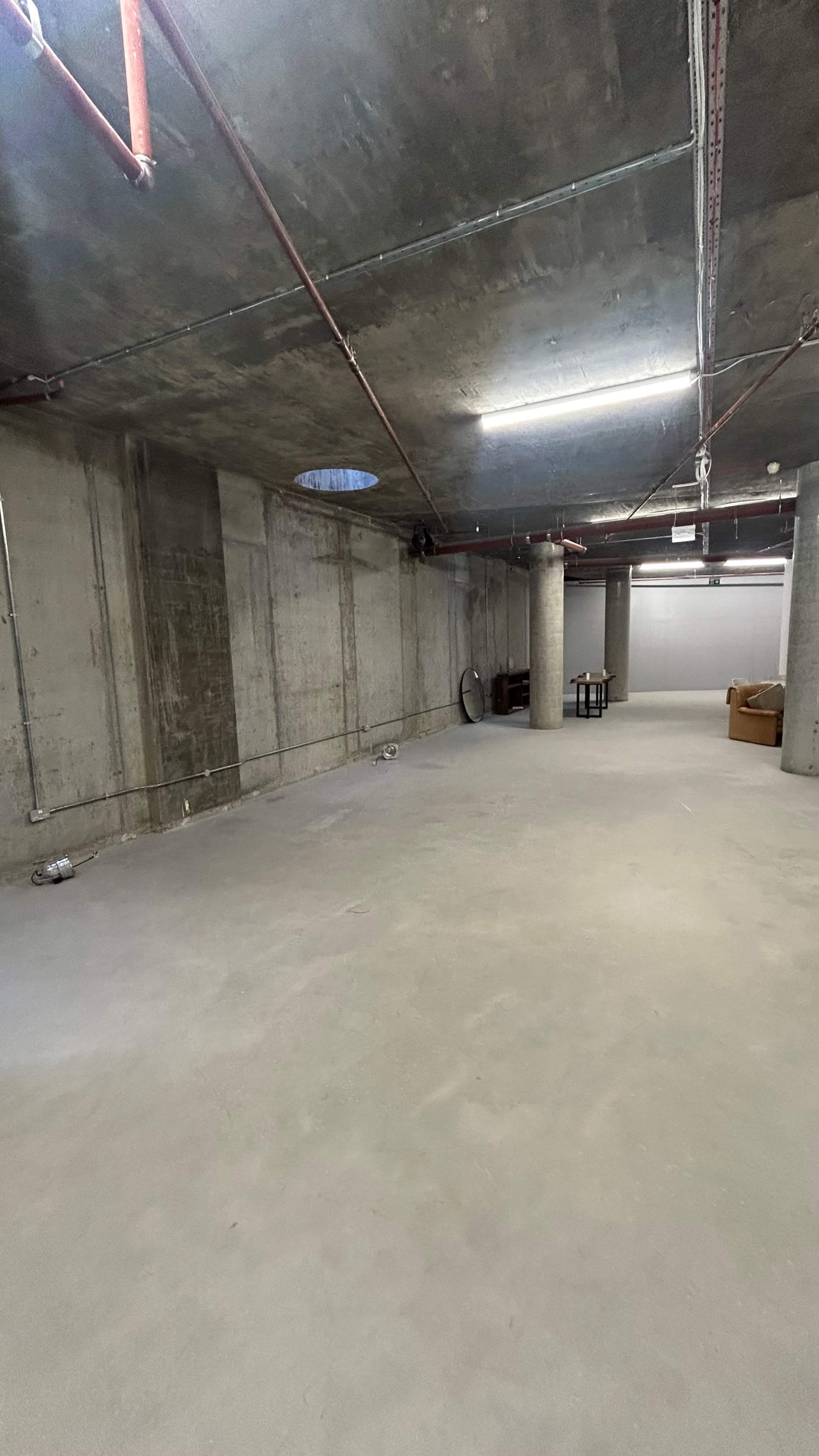 The image shows an empty basement space with concrete walls and flooring, featuring exposed pipes and a large column in the center.