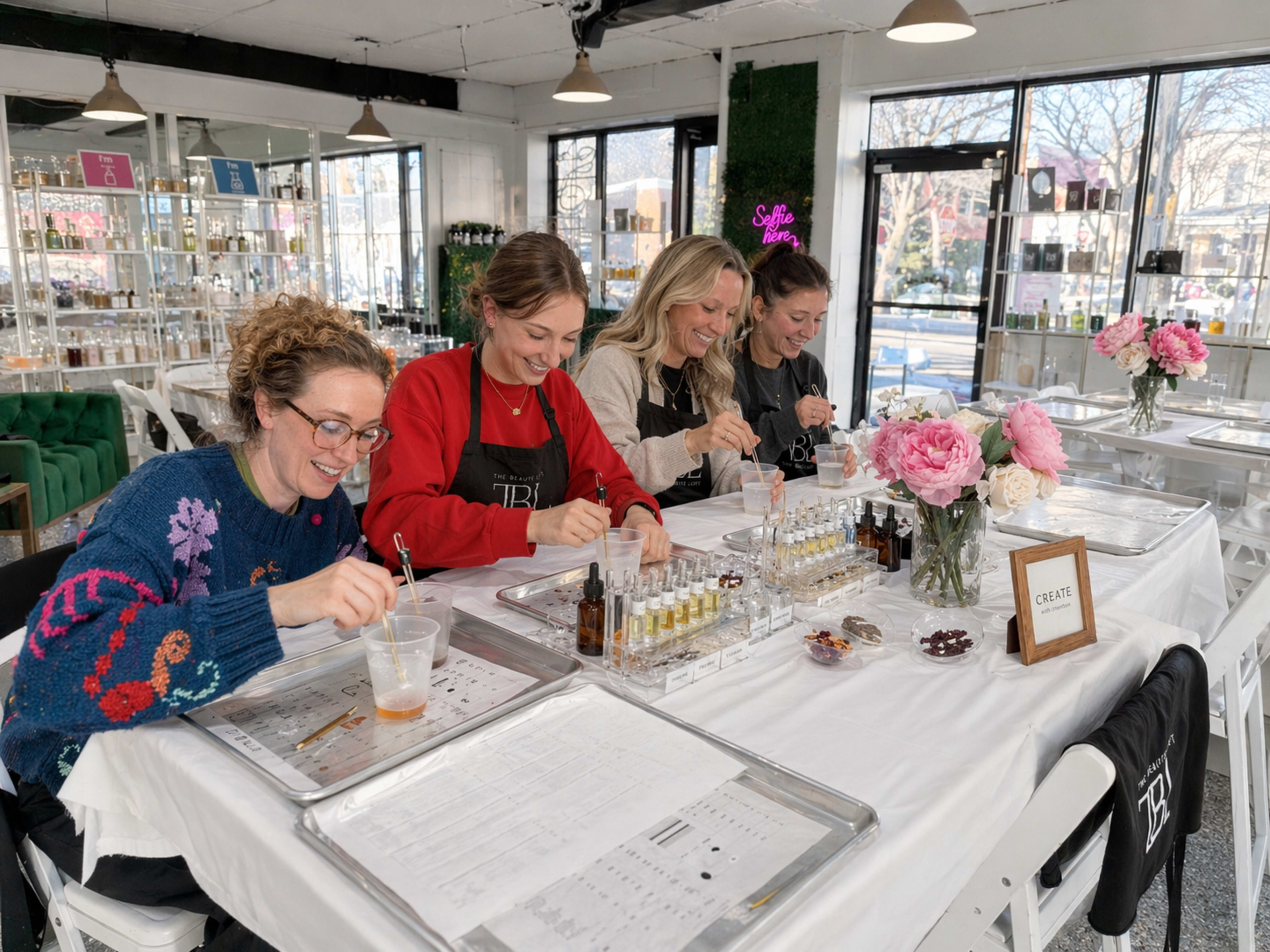 A group of four women are engaged in an activity at a table, mixing scents using small droppers and vials in a bright, decorated workshop setting.