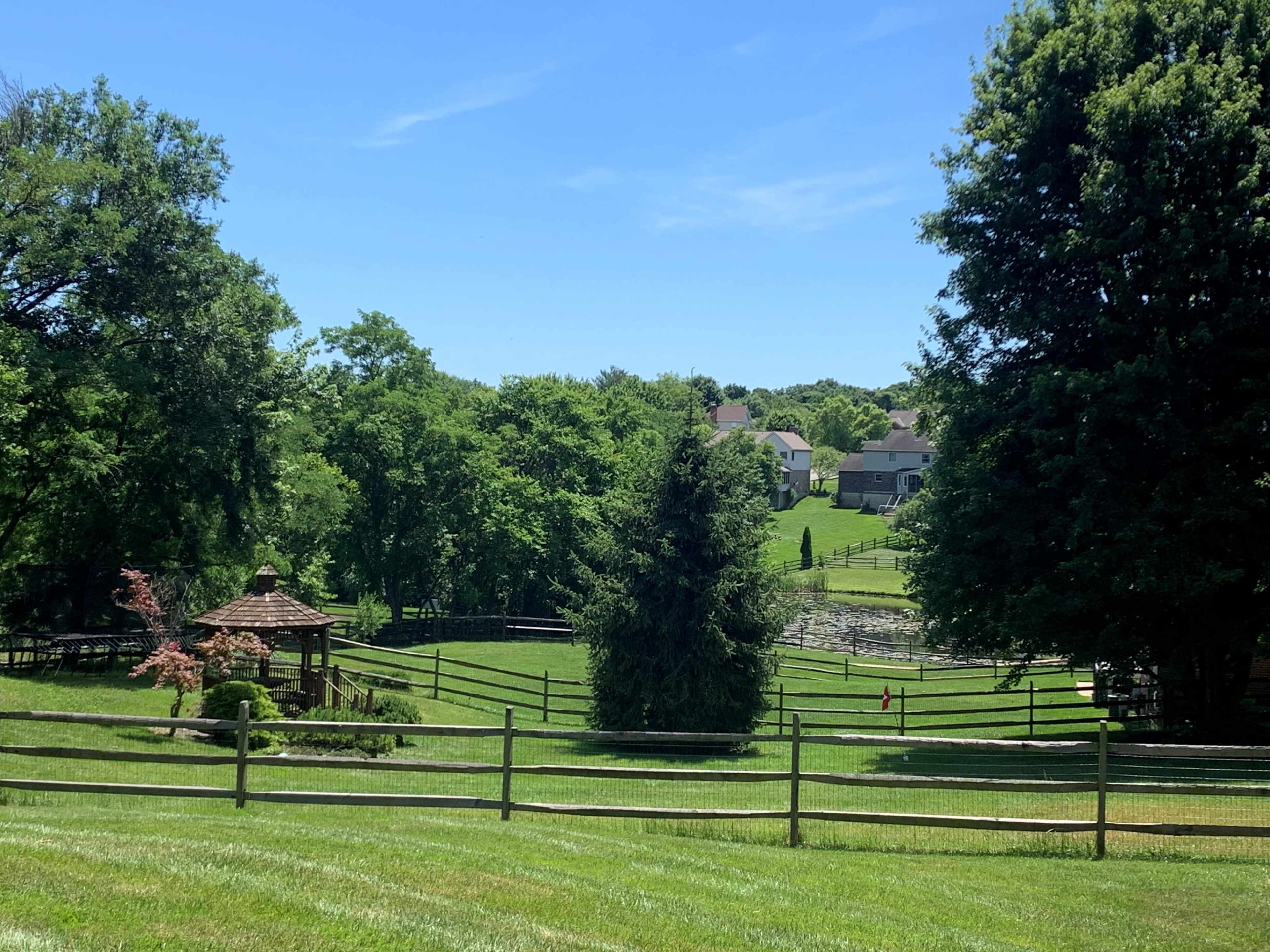 The scene depicts a lush, green landscape featuring a gazebo, a pond, and several houses in the background.