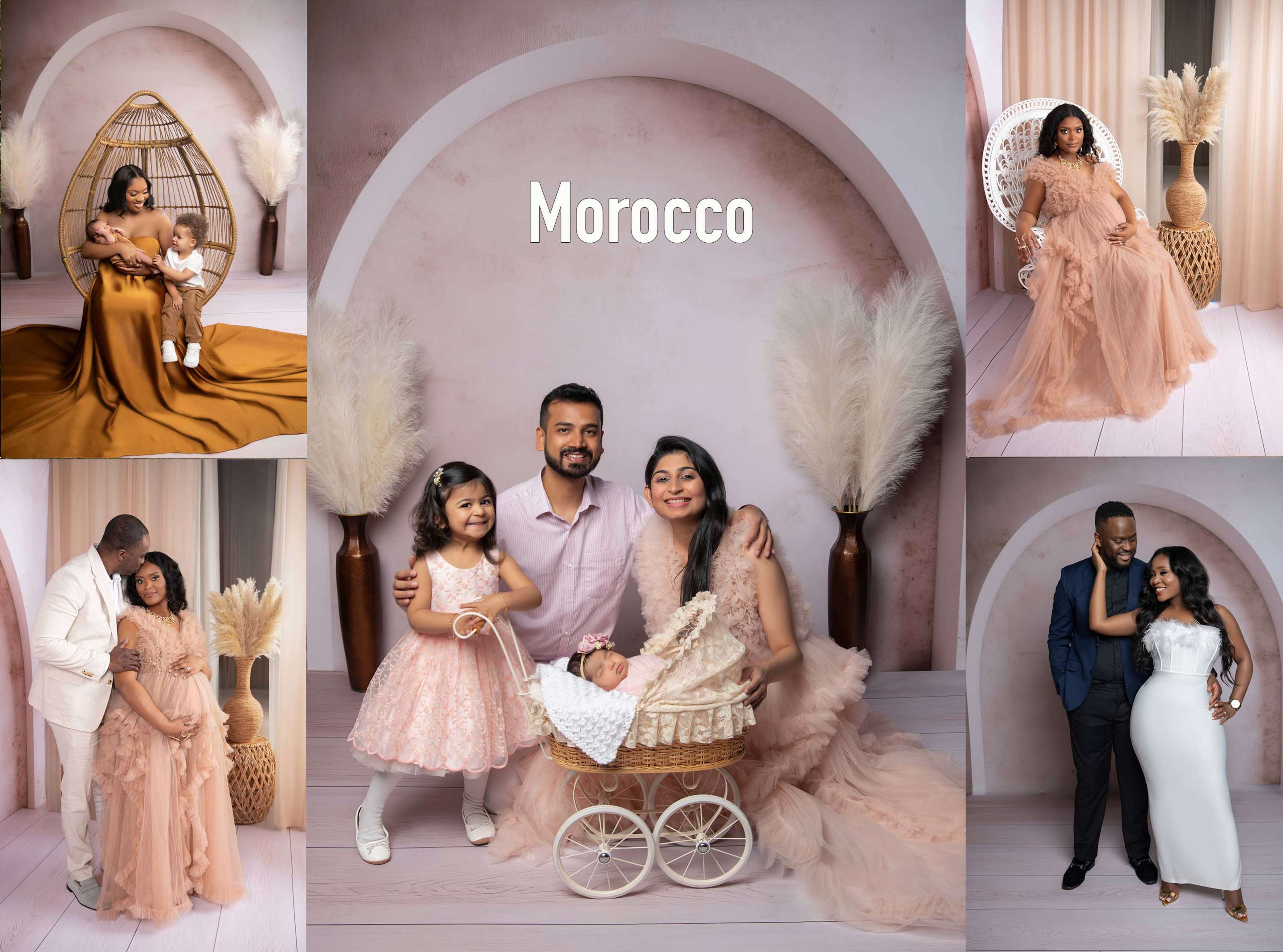 The image features a family photoshoot, showcasing multiple portraits with a backdrop and decor inspired by Moroccan aesthetics, including a variety of outfits and props.