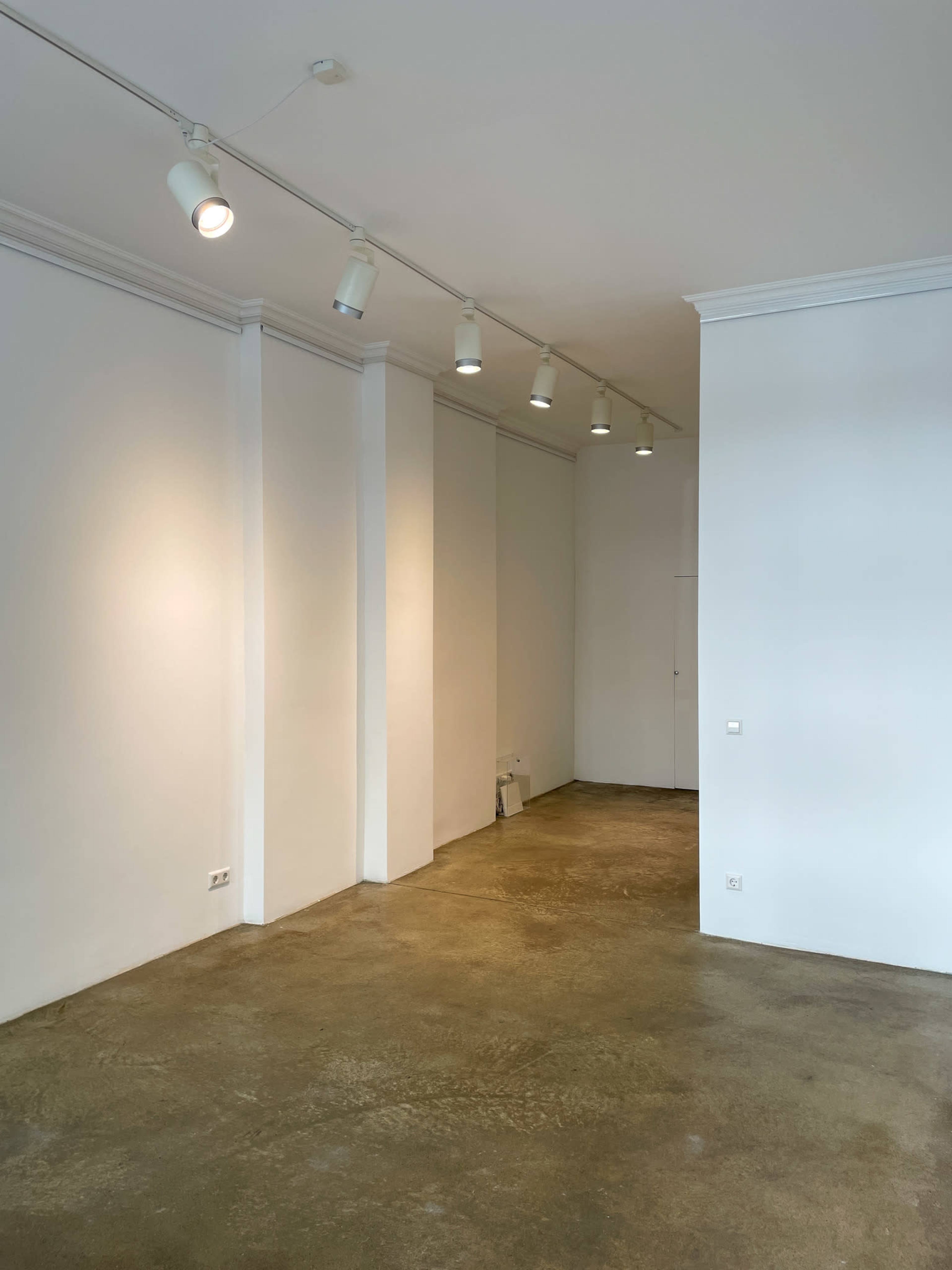 The image depicts a spacious, empty art gallery with white walls and a concrete floor, illuminated by track lighting.