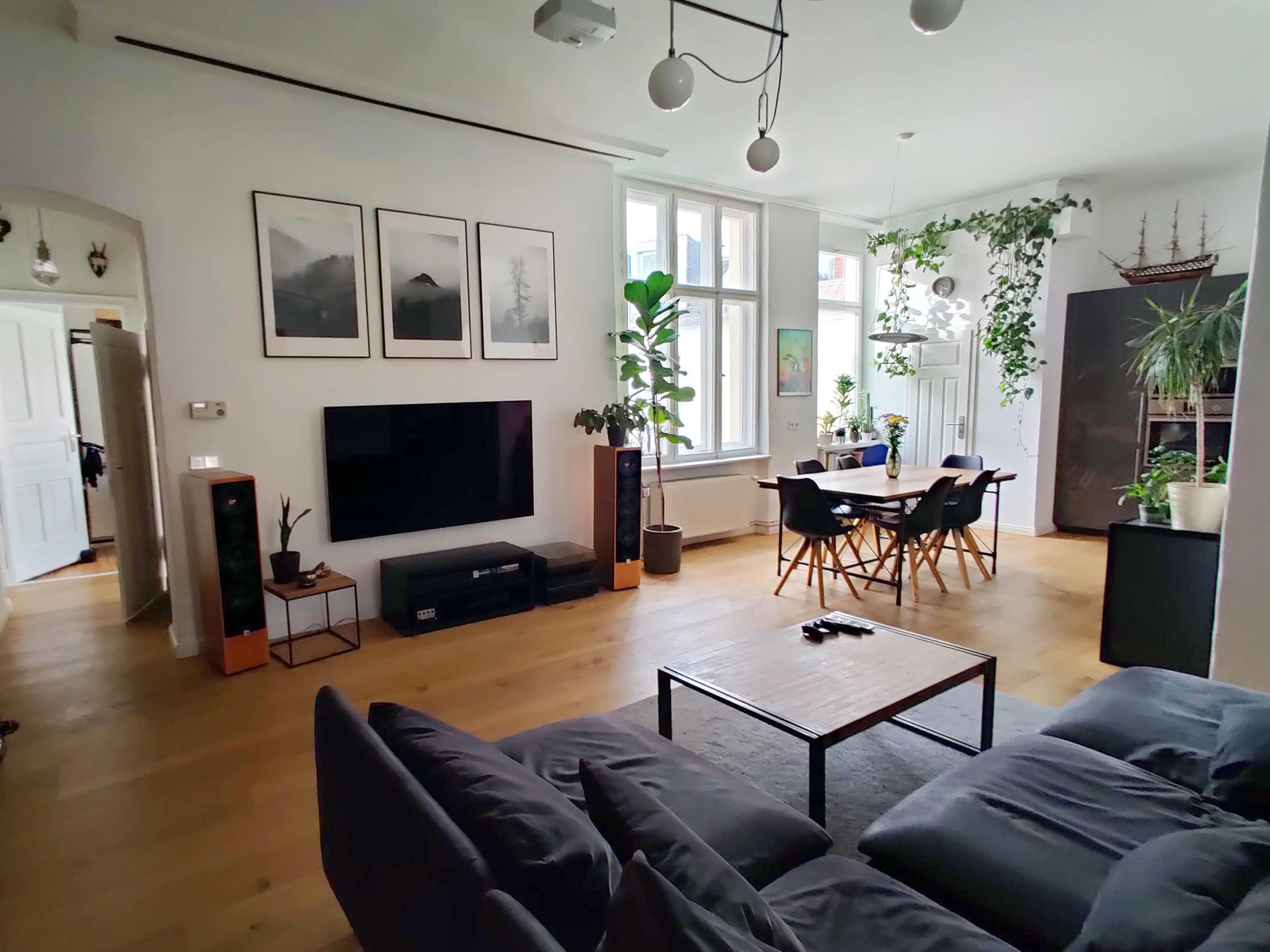 A modern living room with a television, a dining area, plants, and large windows allowing natural light.