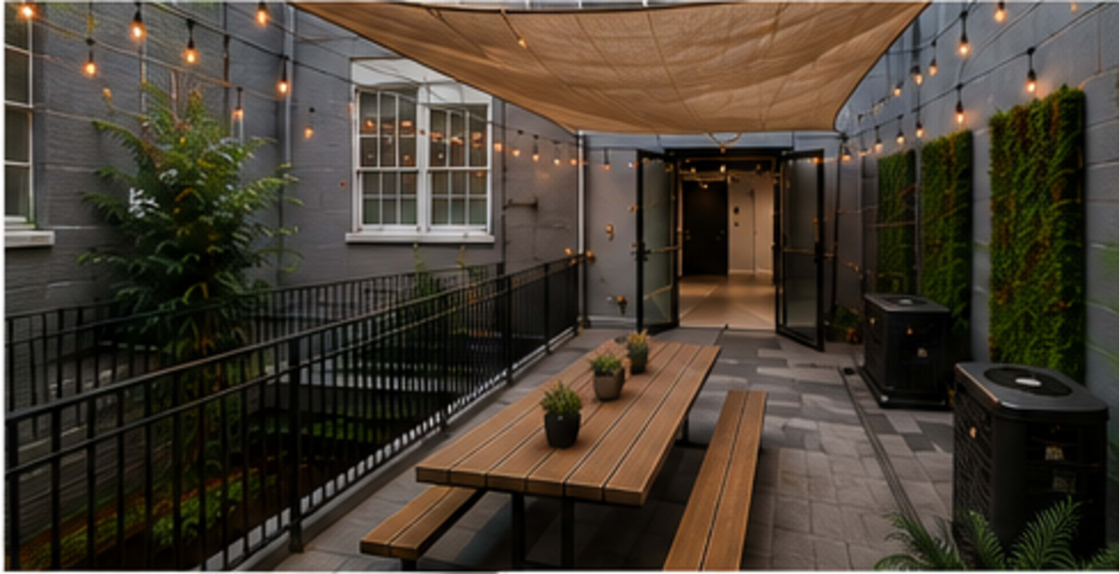 The image shows a courtyard with wooden benches, hanging string lights, and a green wall, all set within a modern building facade.