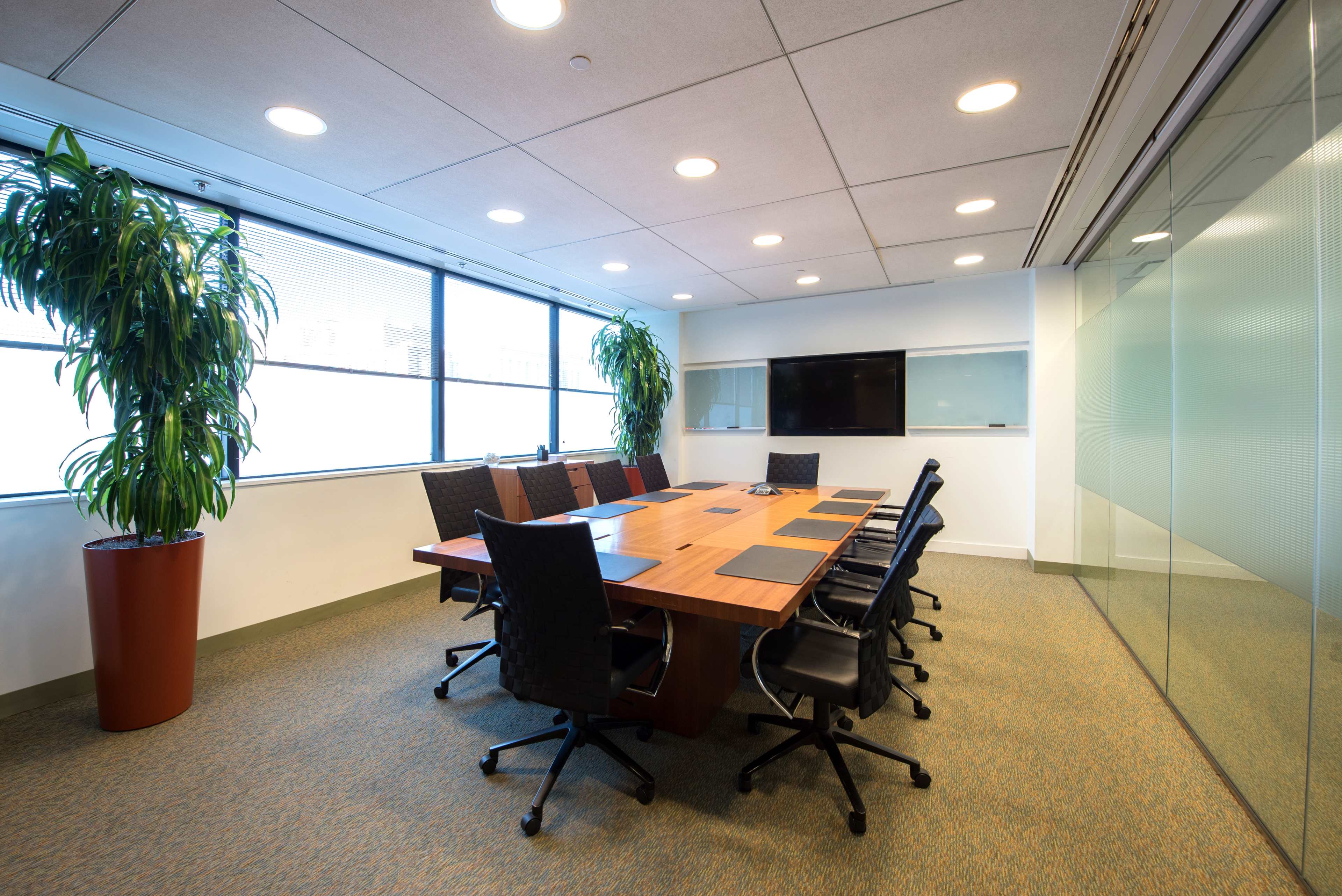 A modern conference room features a large wooden table surrounded by black chairs, with potted plants and wall-mounted screens visible.
