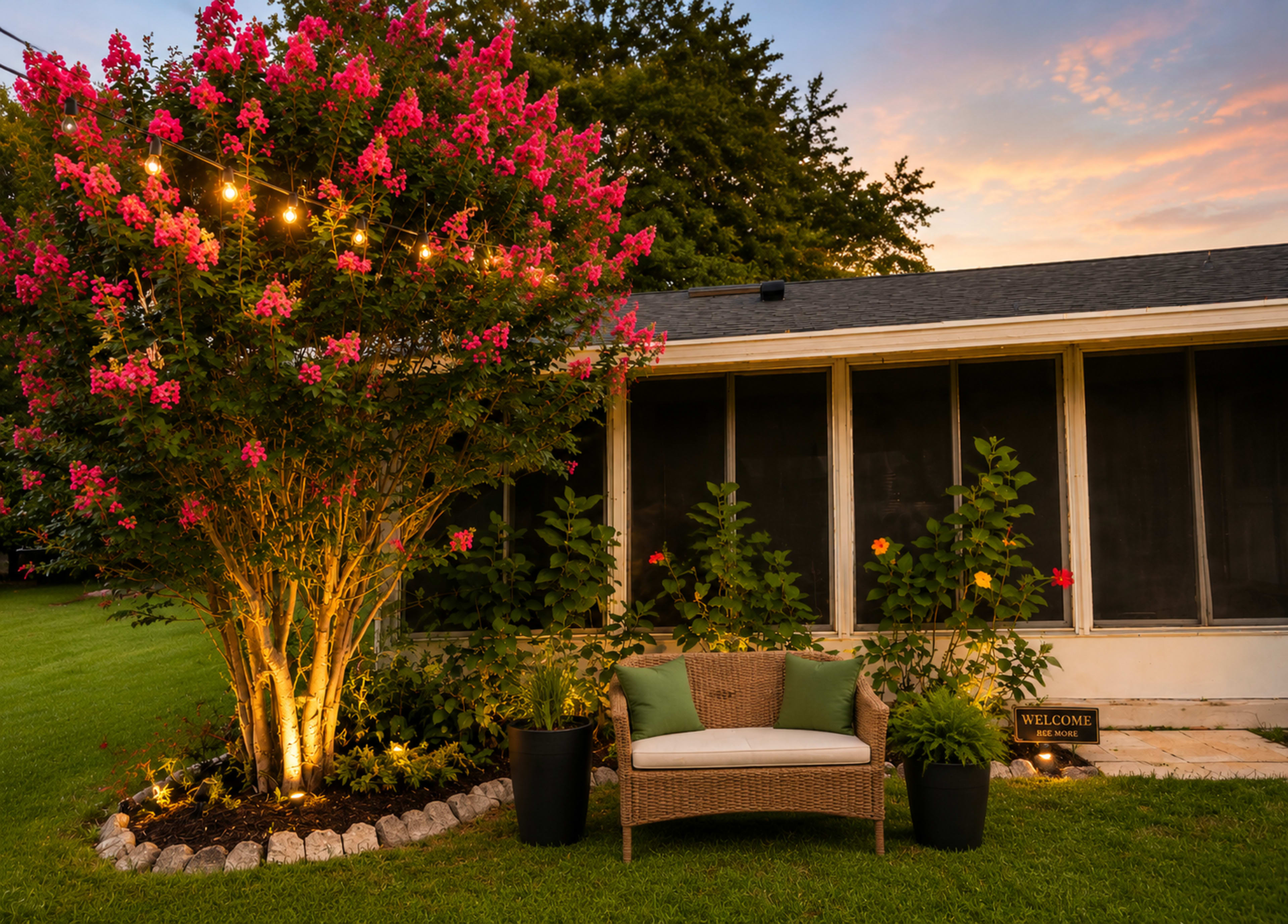 A landscaped yard features a flowering tree illuminated by lights, a comfortable bench, and potted plants beside a screened porch at sunset.