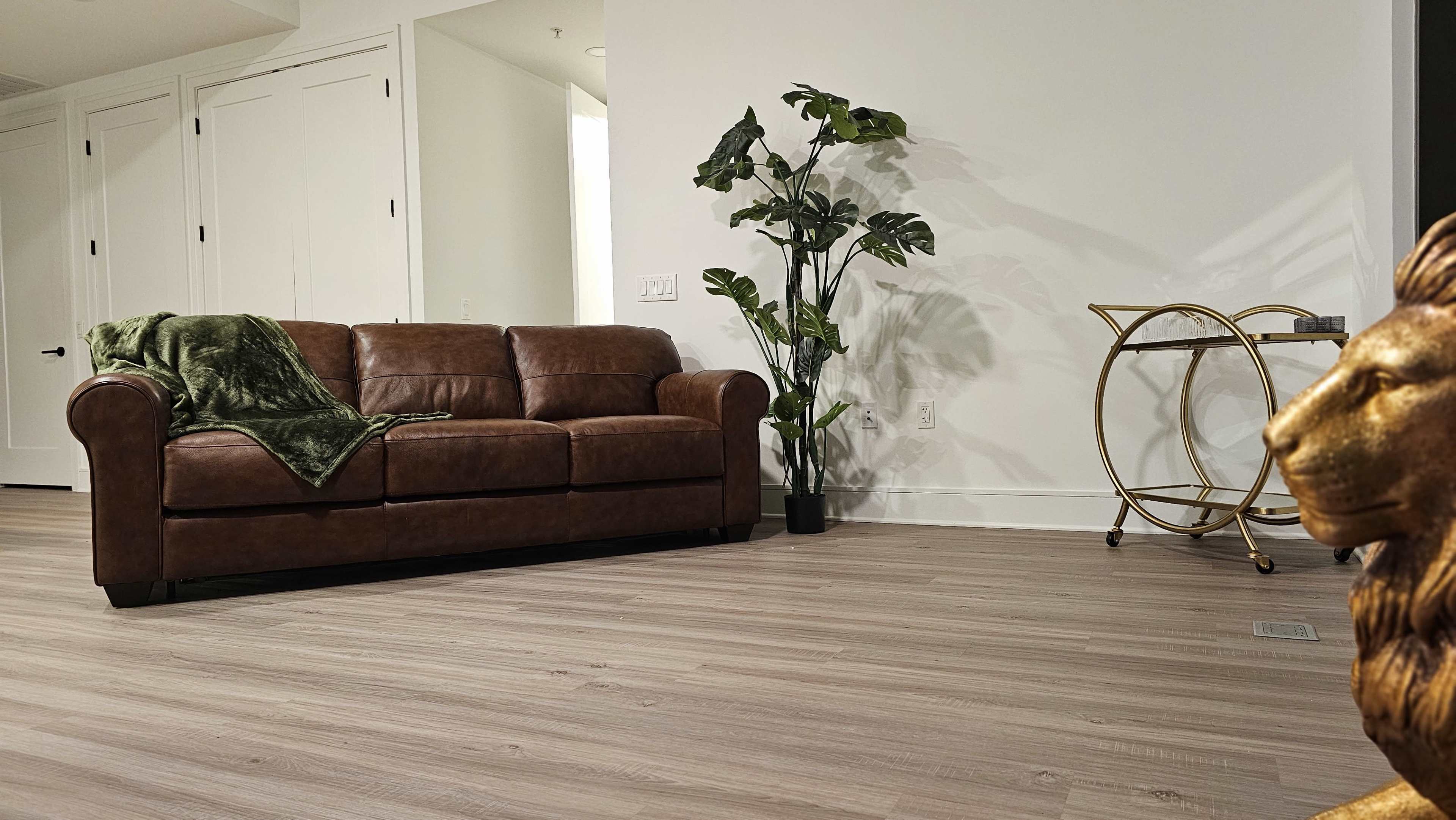 The scene features a brown leather couch with a green throw blanket, a potted plant, and a gold cart in a well-lit room with light wooden flooring.