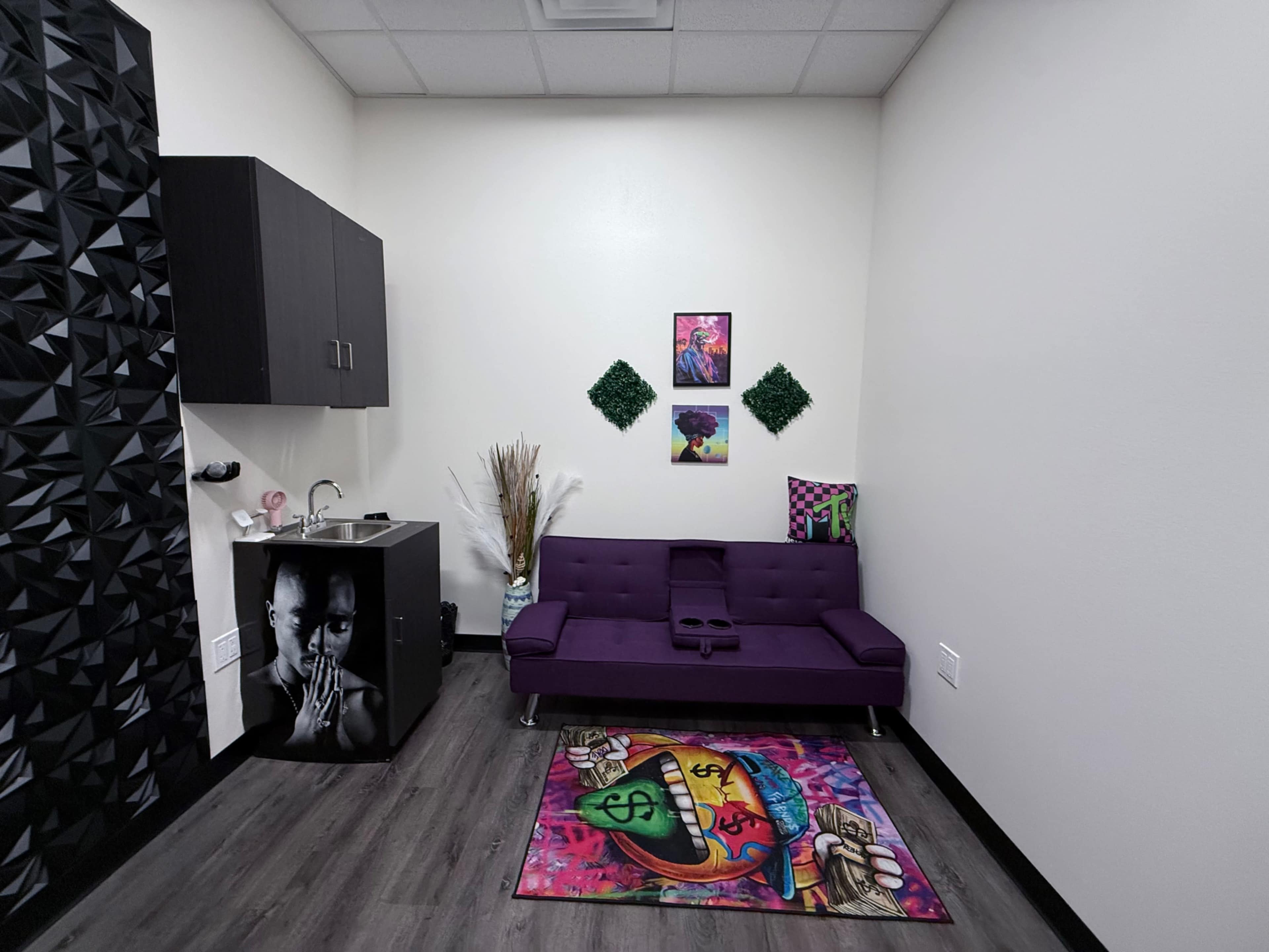 The image shows a small, modern room featuring a purple couch, a dark cabinet, two pieces of artwork on the wall, and a decorative rug.