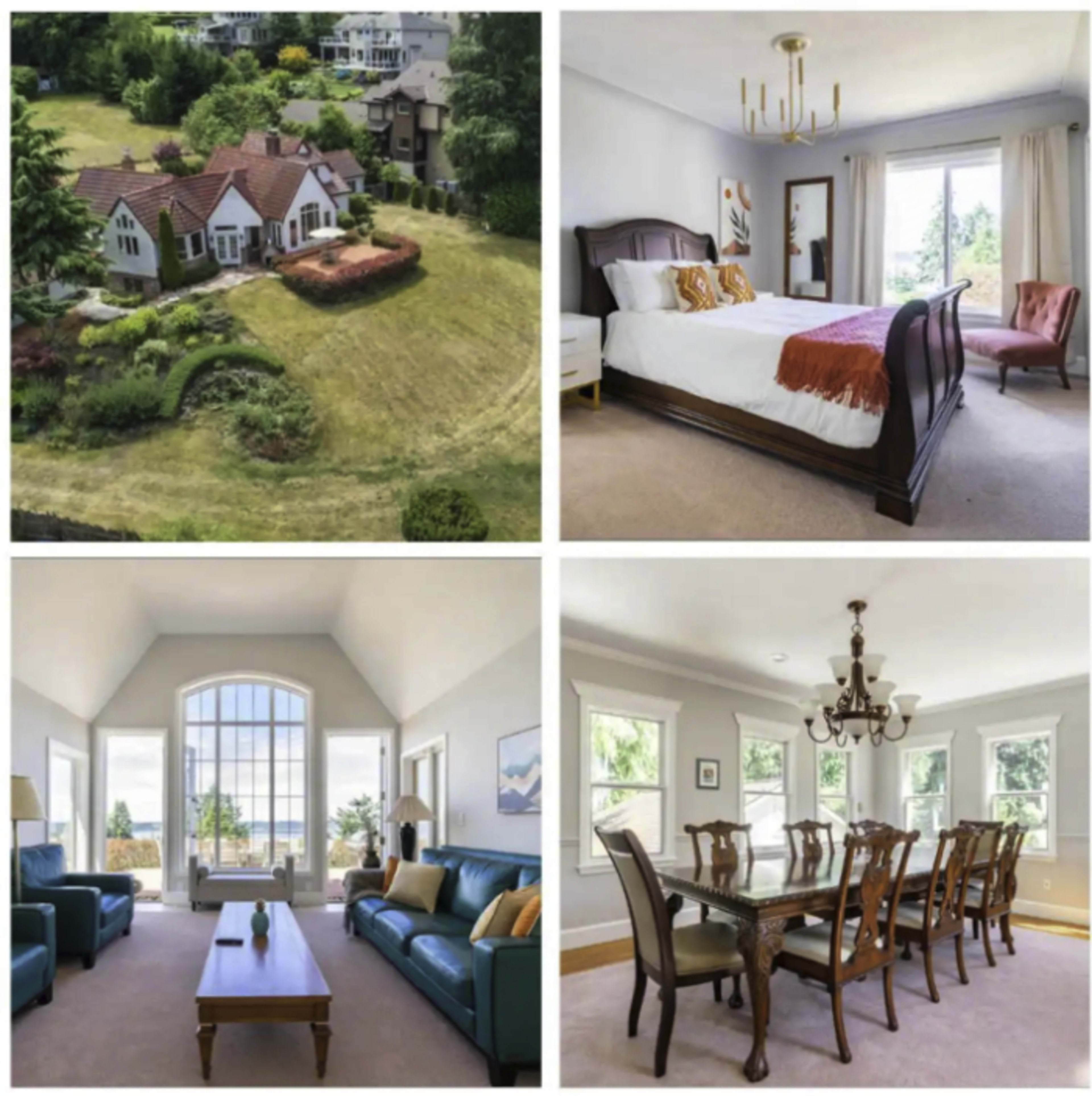 A four-panel layout showcasing a house from an aerial view, a bedroom with a large window, a living room with tall windows and seating, and a formal dining room with a large table and chandelier.