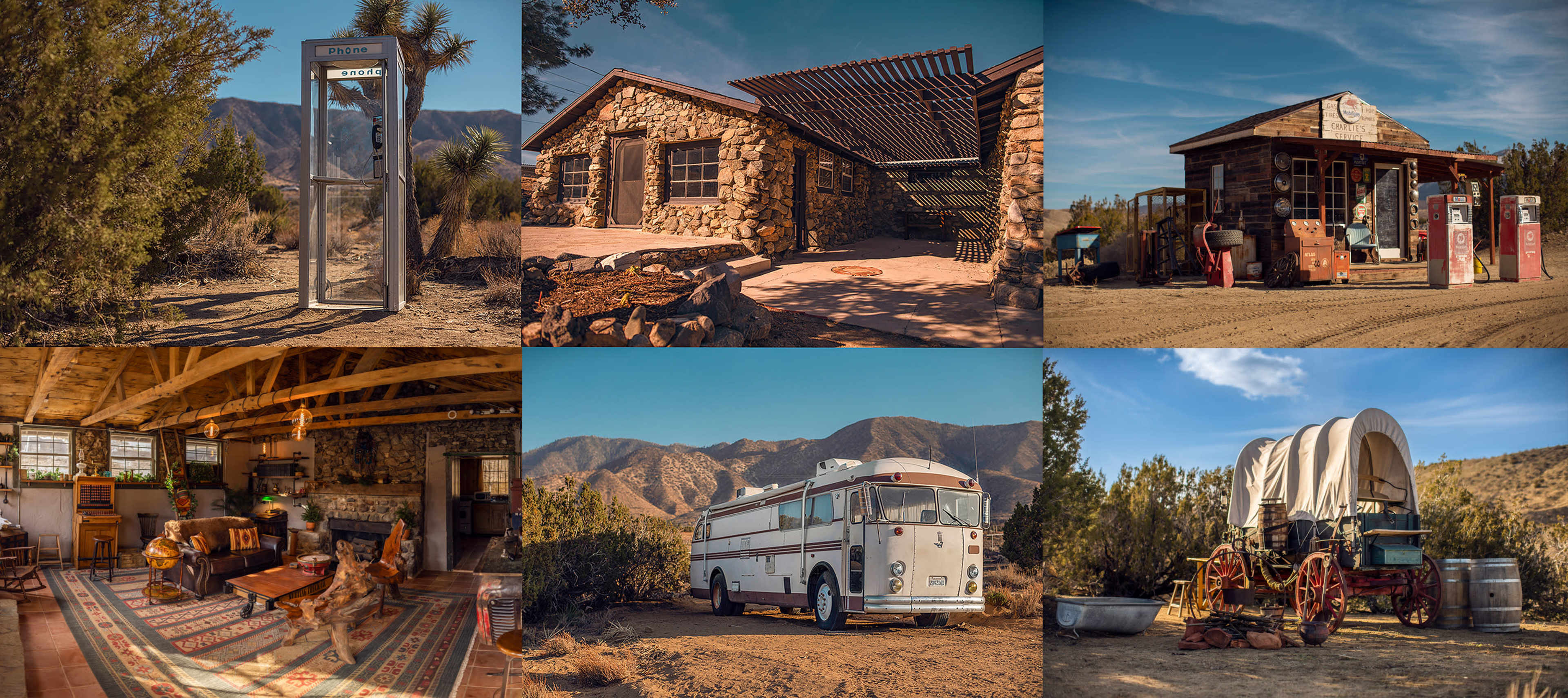 A collage of desert scenes, including a vintage phone booth, a stone building, a gas station with old pumps, an interior of a rustic cabin with furniture, a classic bus, and a covered wagon.
