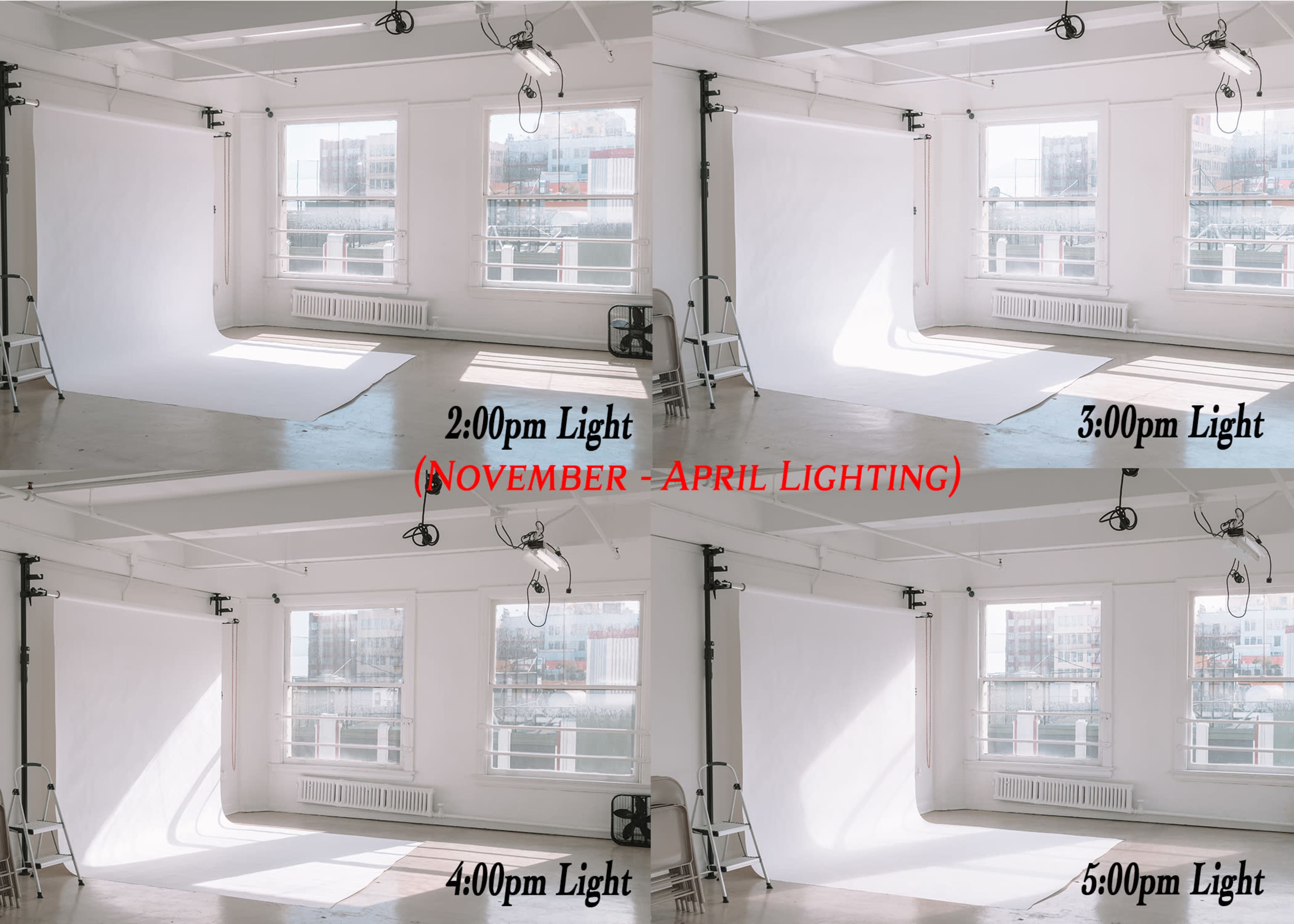 The image displays four sections showing a photography studio with varying light conditions at 2:00 PM, 3:00 PM, 4:00 PM, and 5:00 PM during the winter months, each with a different shadow pattern cast on a white backdrop.