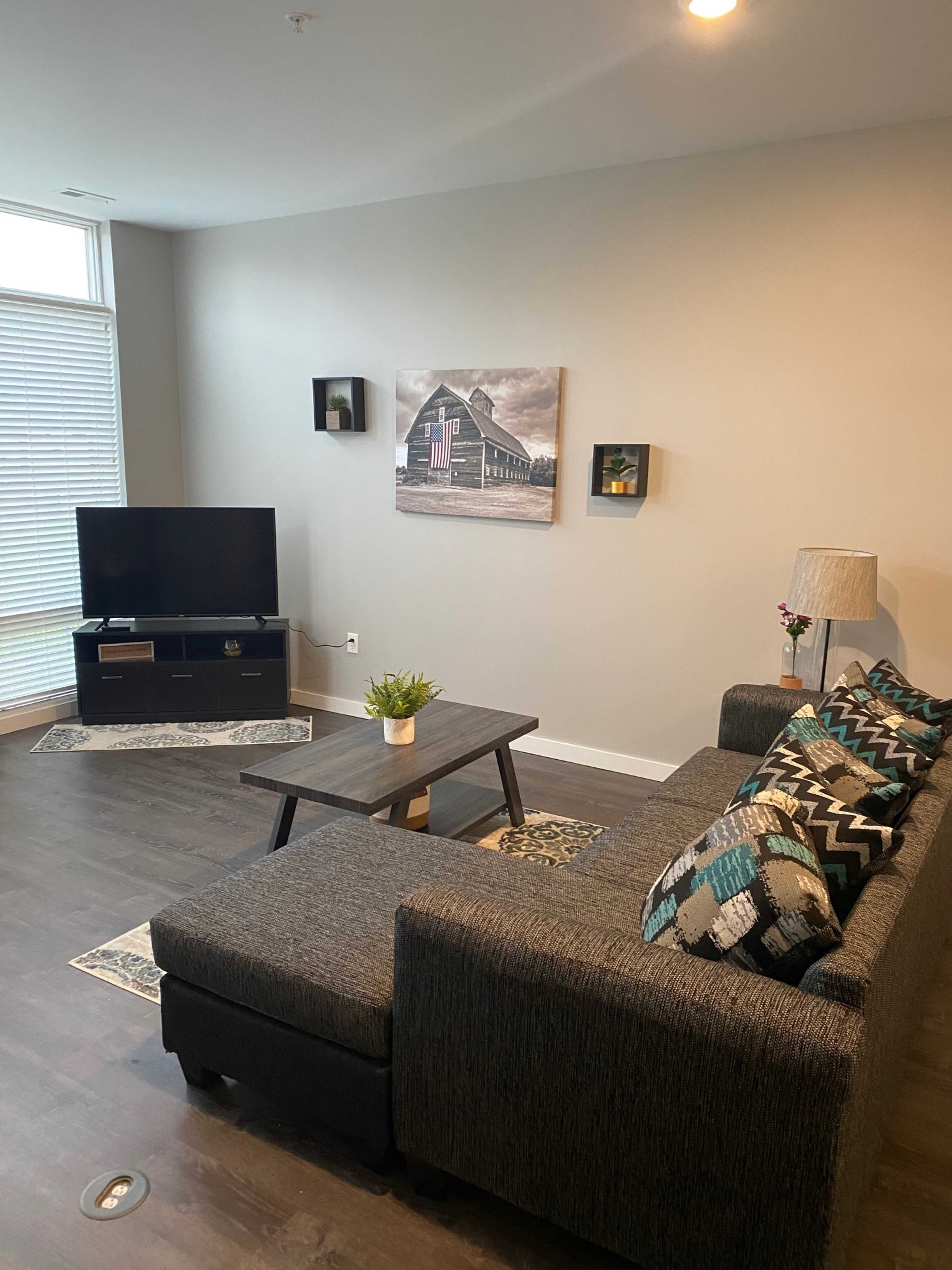 A modern living room with a grey sectional sofa, a black television stand holding a TV, and framed artwork on the walls.