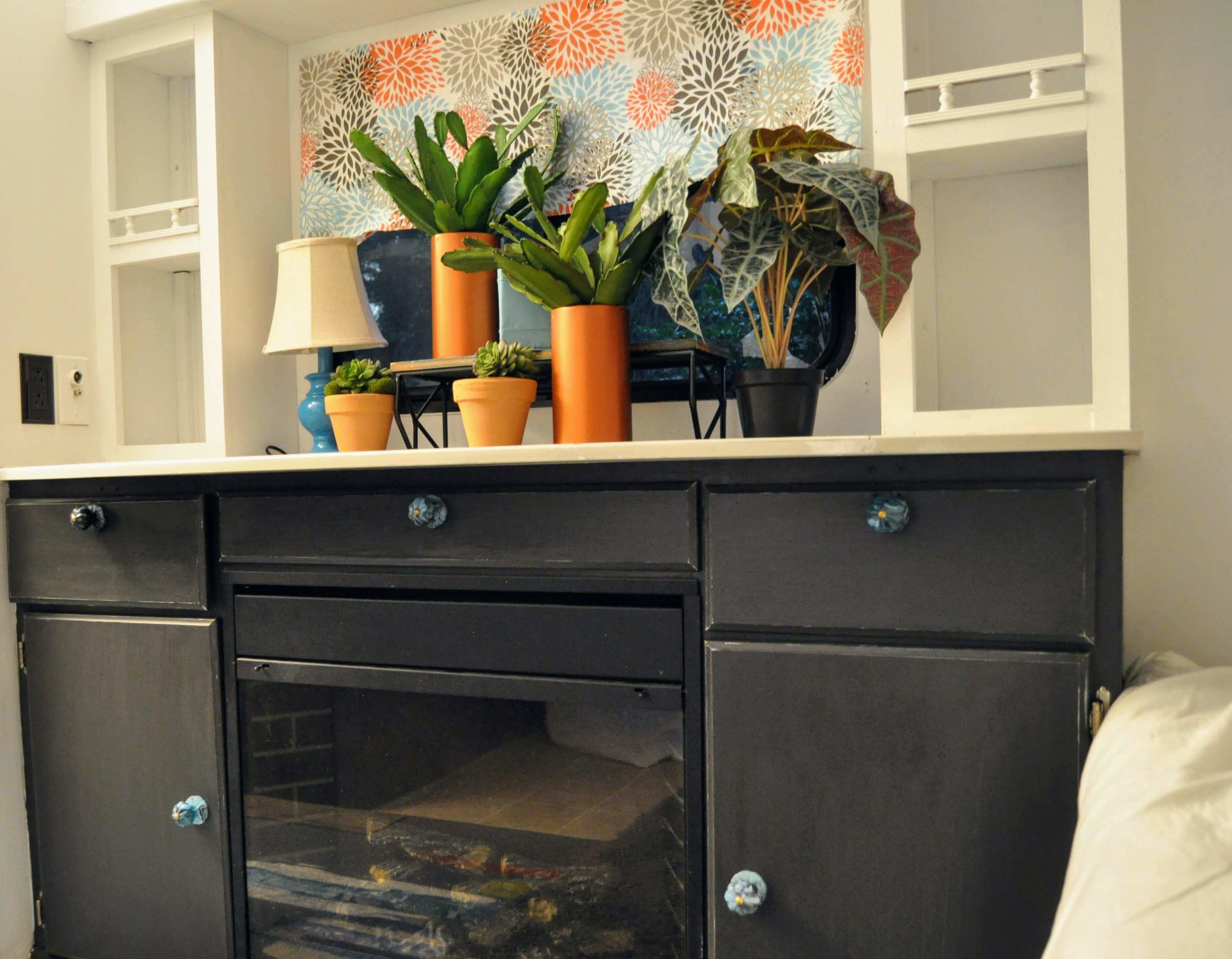 A black cabinet with a countertop displays various potted plants and a lamp against a colorful backdrop.