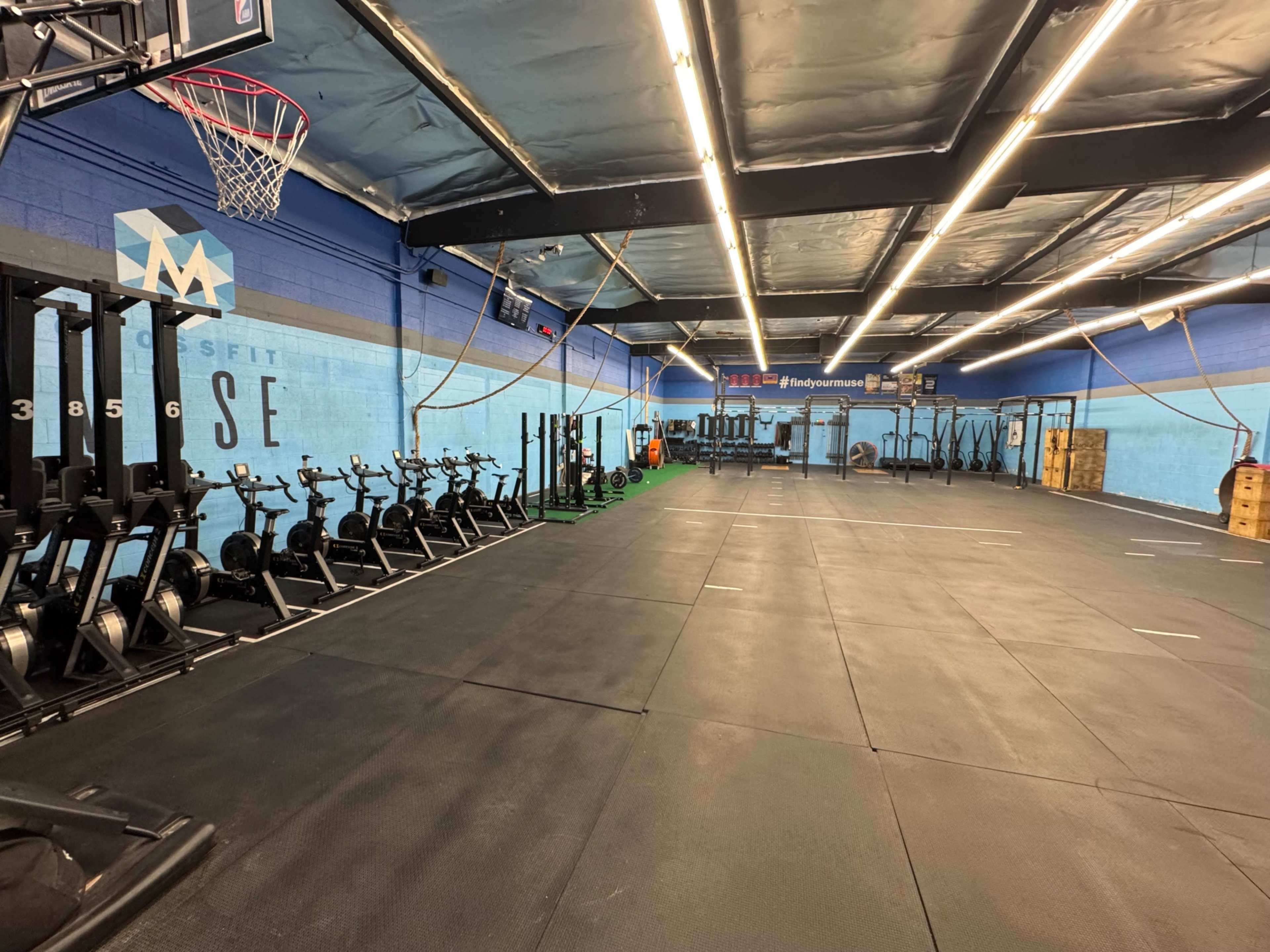 The image shows a spacious gym interior with various fitness equipment, including rowing machines, weightlifting racks, and a basketball hoop.