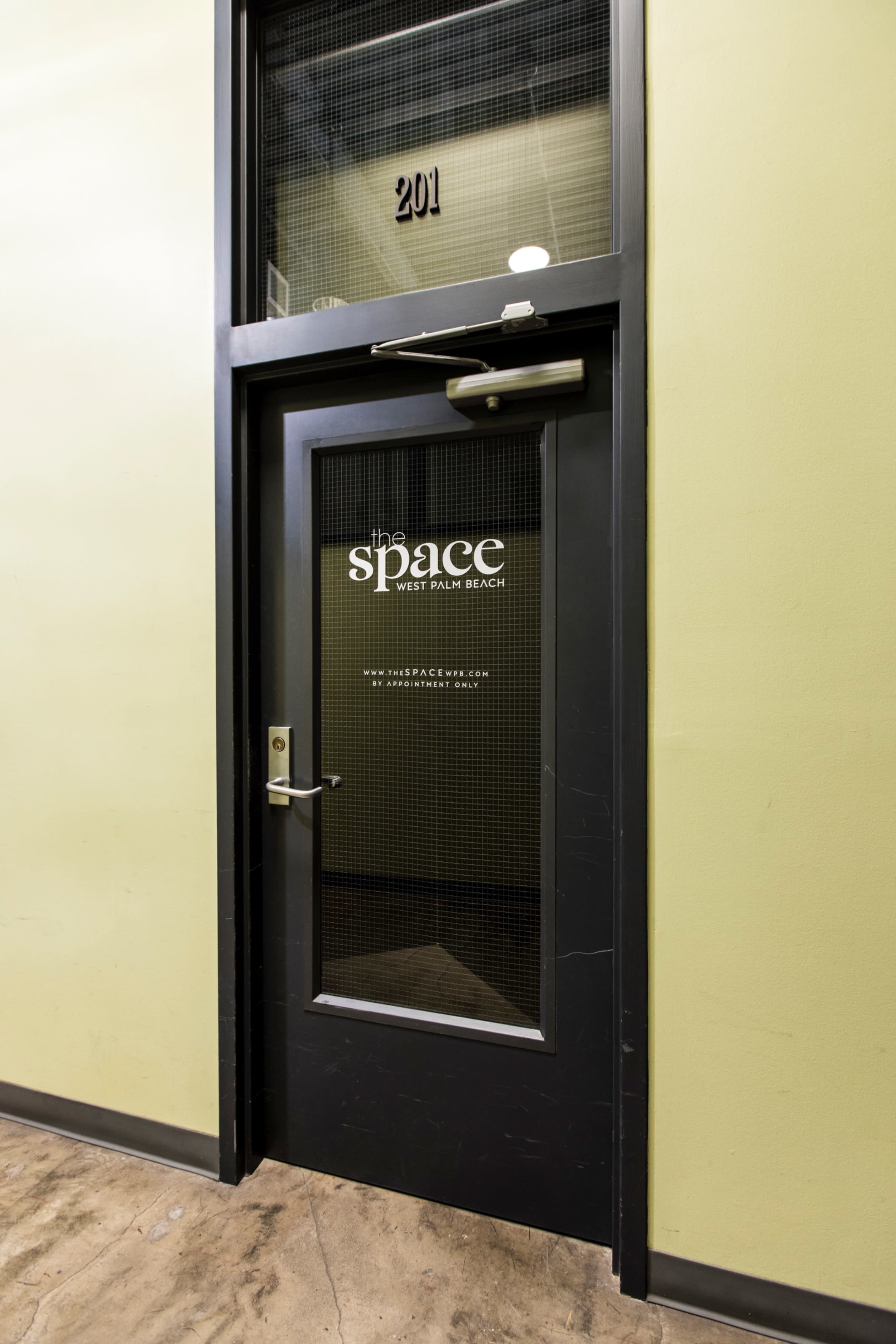 The image shows a black door with a glass panel labeled "space" and the number "201" above it, situated against a light green wall.
