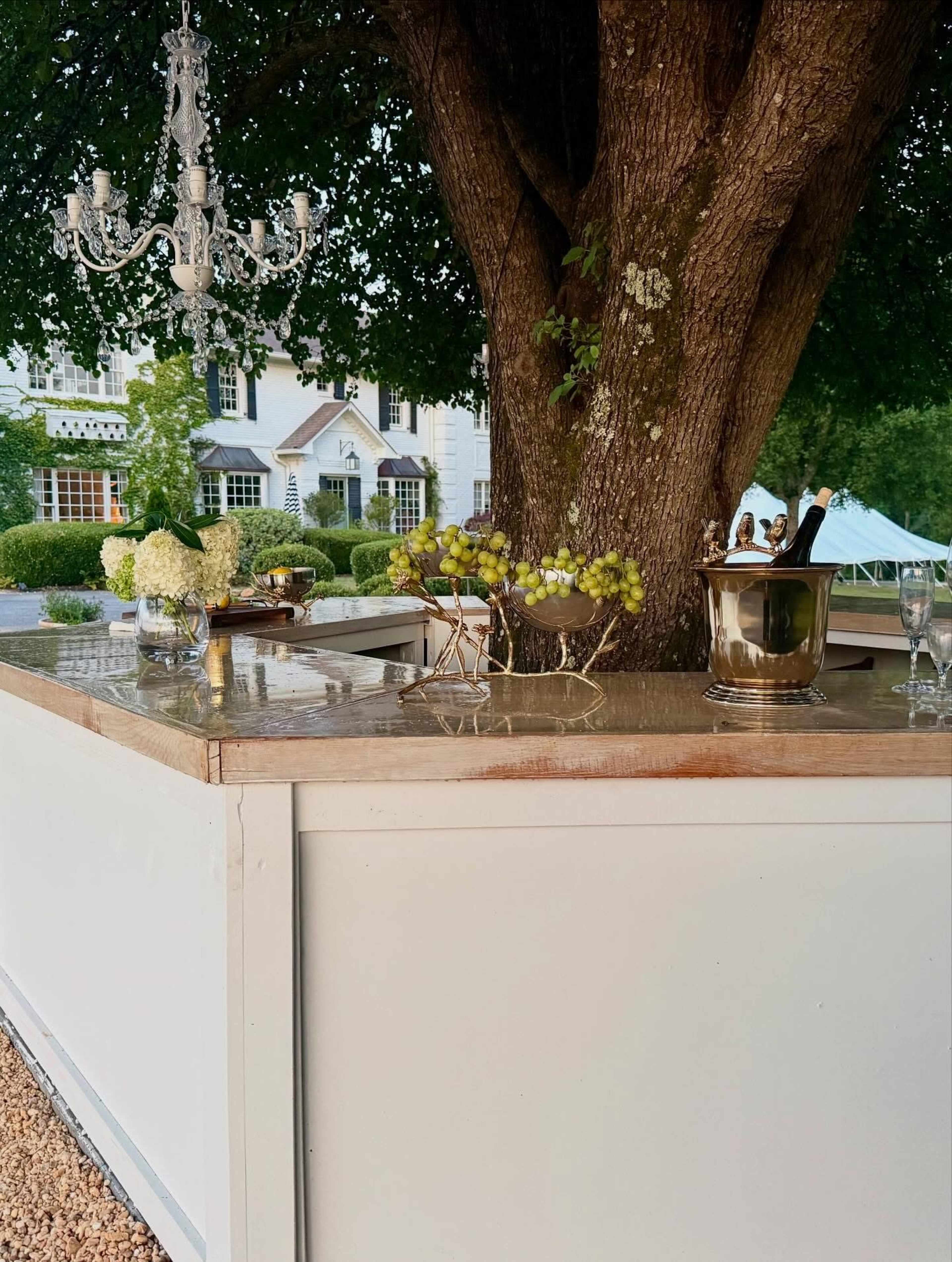 A large tree stands next to a bar area featuring a chandelier, silver ice bucket, and decorative fruit platter, with a view of a building in the background.