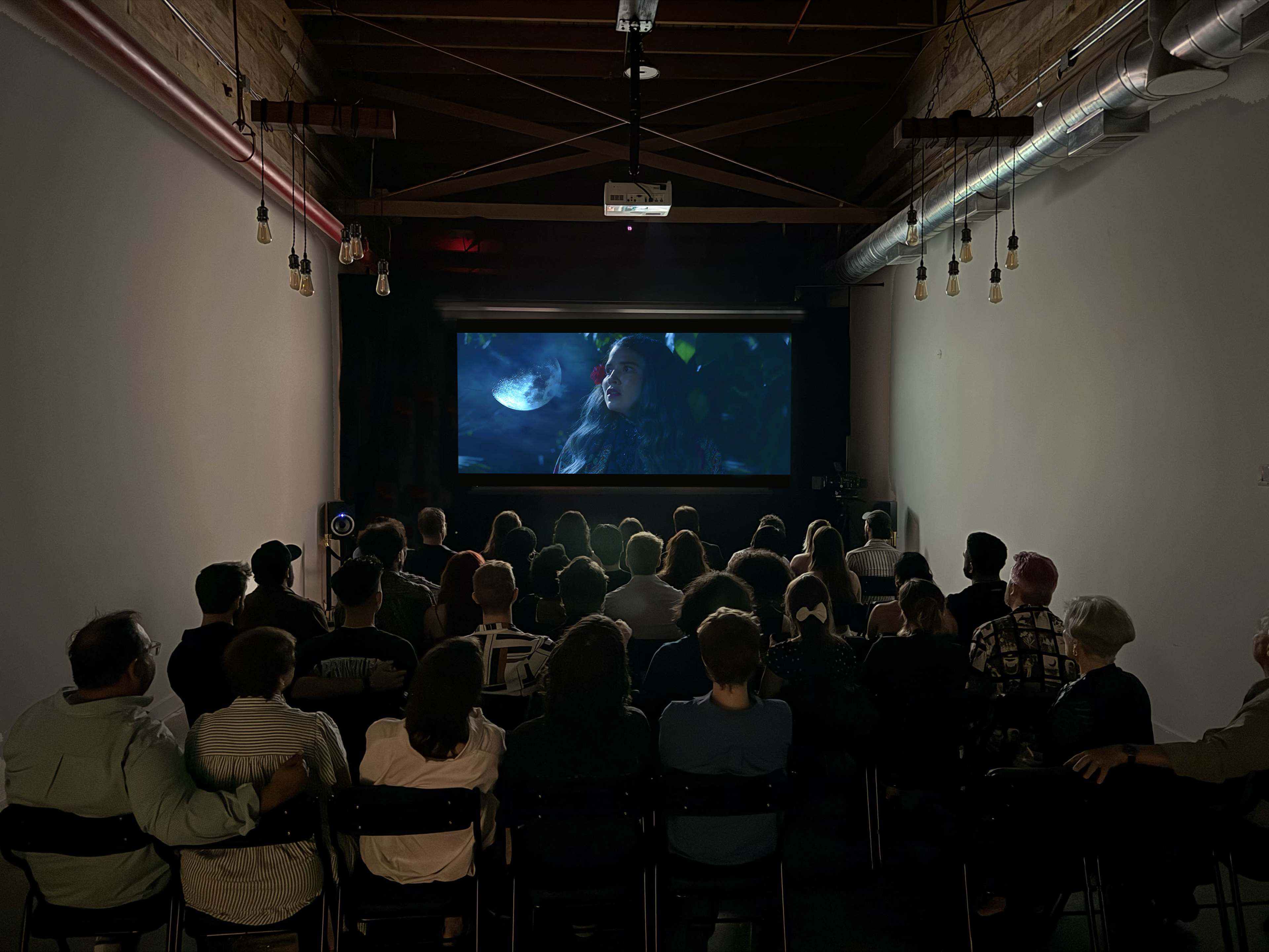 A group of people is seated in a dimly lit room, watching a large screen displaying a movie scene.