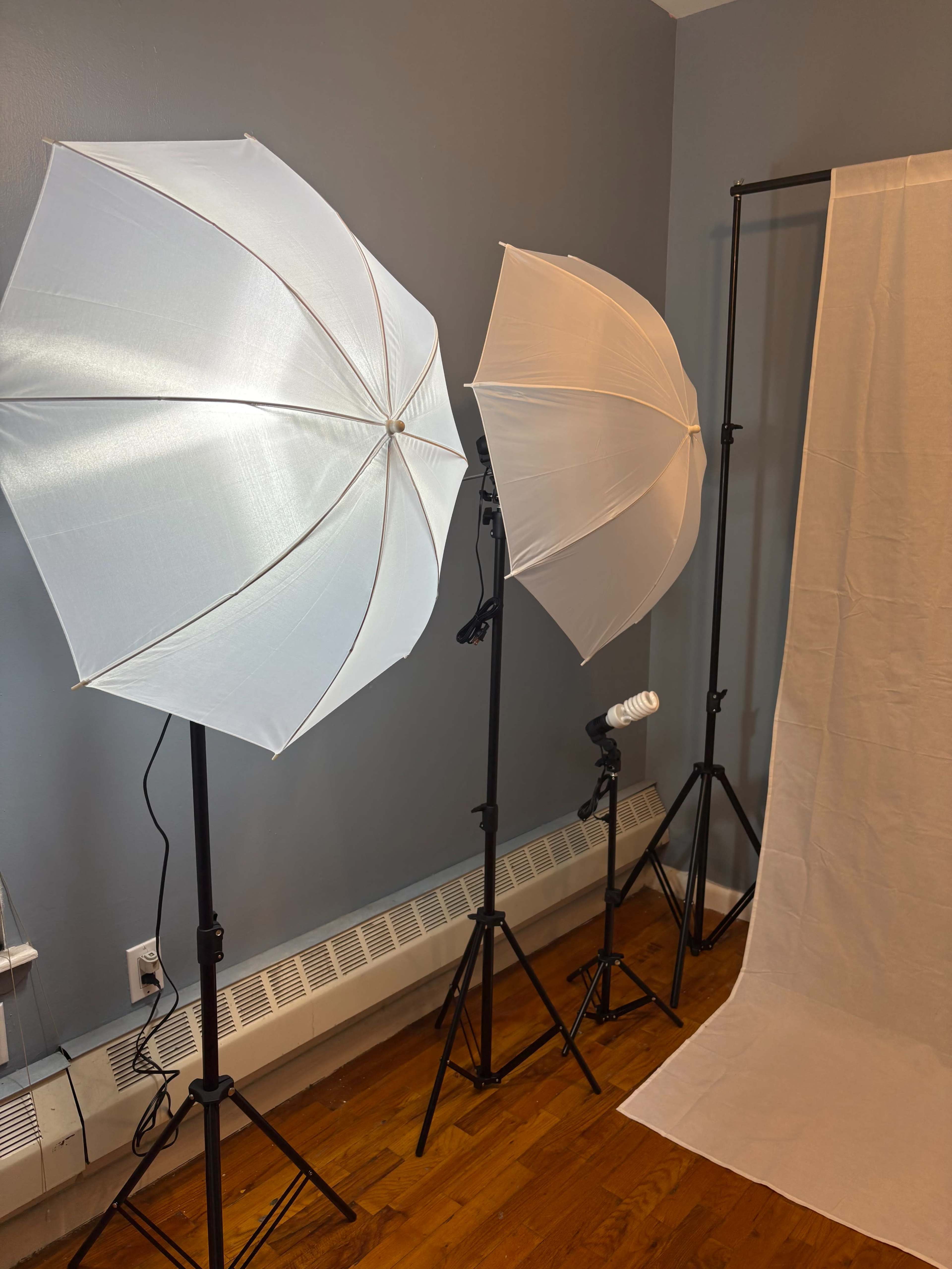 The image shows two softbox lighting setups positioned next to a white backdrop in a studio environment.