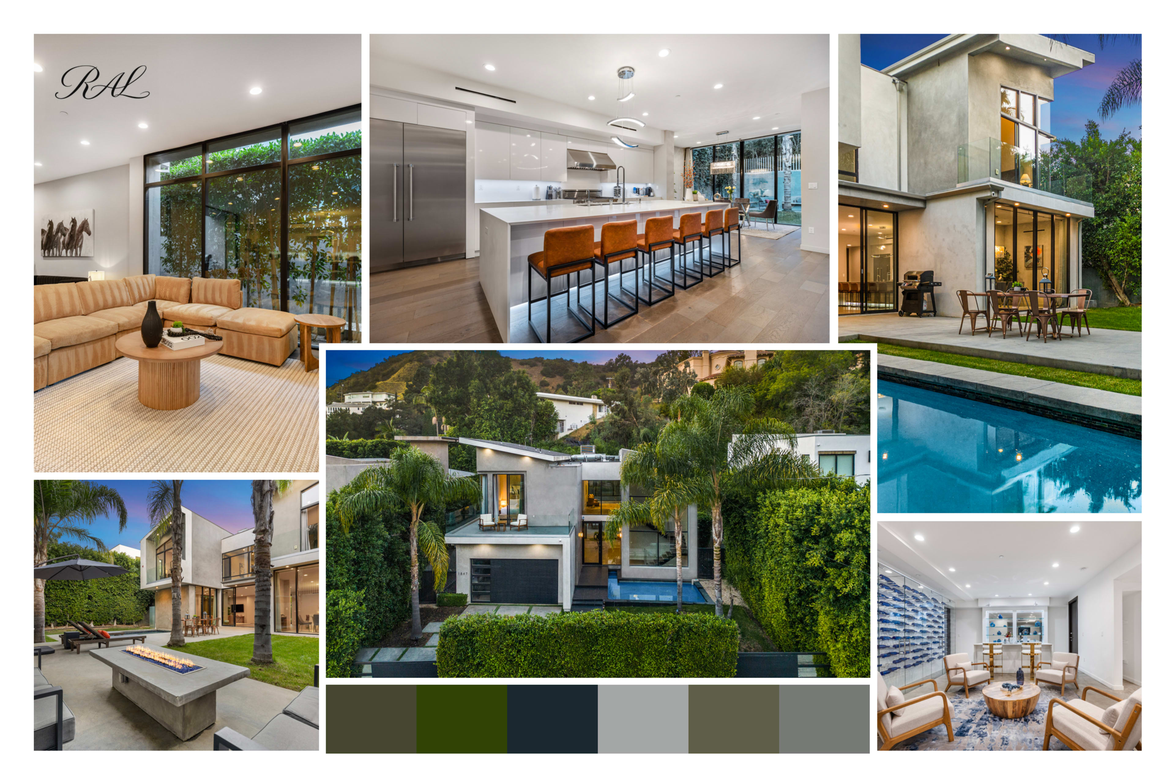 The image showcases a modern multi-section house featuring a pool, outdoor seating area, and spacious interior designs.
