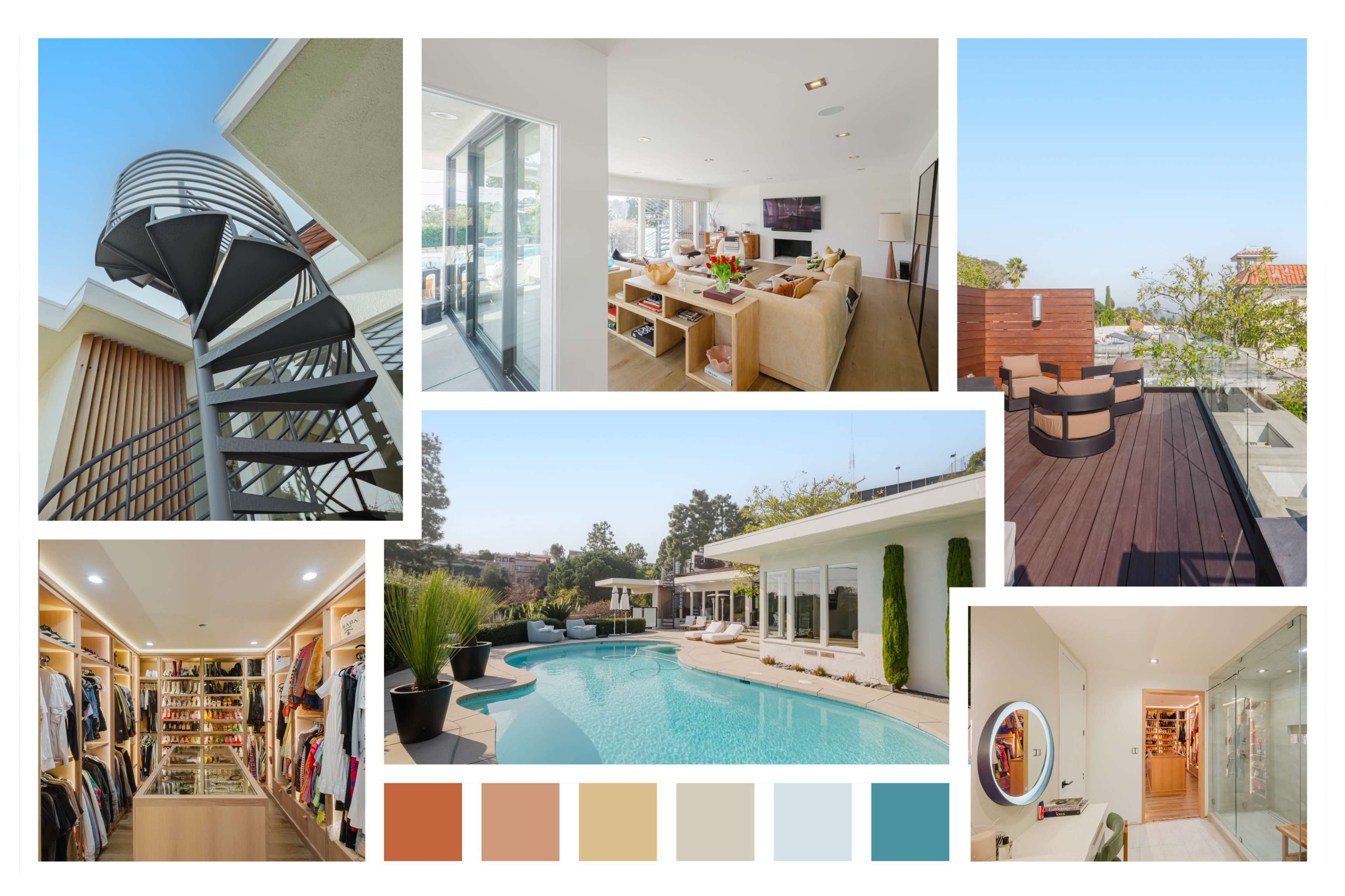 A modern multi-story home featuring a spiral staircase, a spacious living room, a swimming pool surrounded by greenery, a well-organized walk-in closet, and an outdoor lounge area.