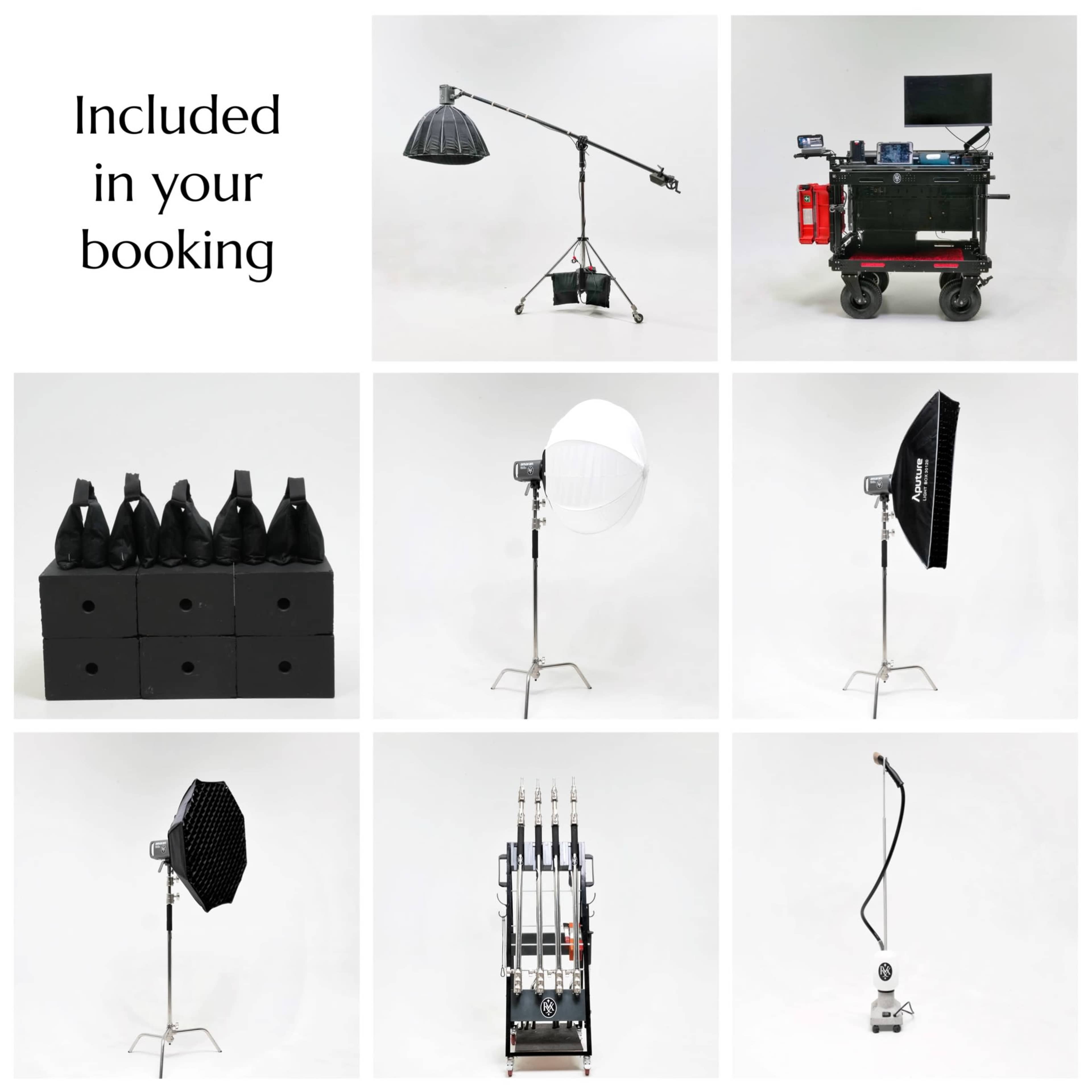The image shows a grid layout of photography equipment, including lighting stands, softboxes, a light source, and a production cart with accessories.