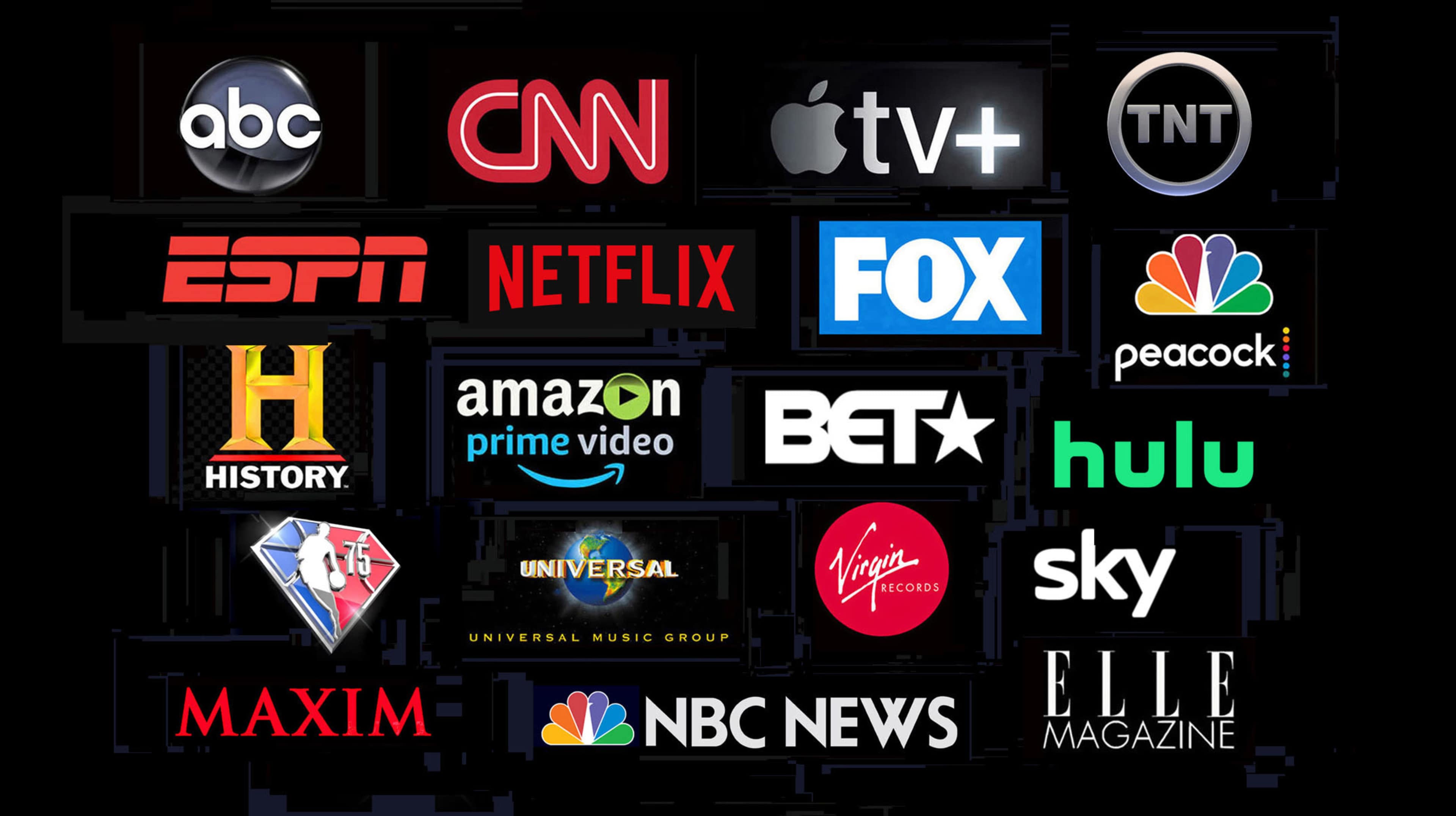 Various well-known media and entertainment company logos arranged in a grid format.