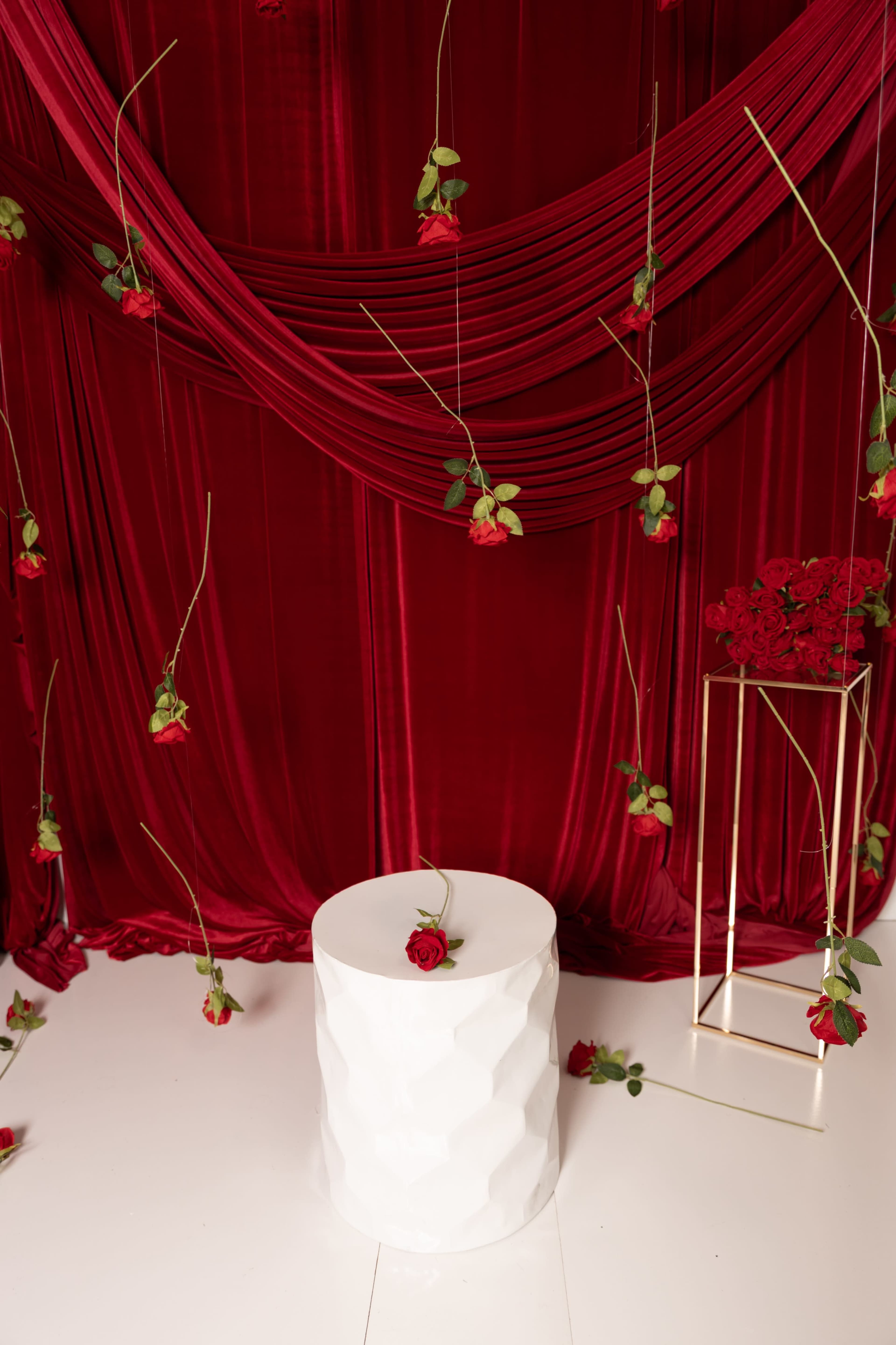 The scene features a red velvet backdrop with cascading fabric, adorned with hanging roses and a white geometric pedestal in the foreground.
