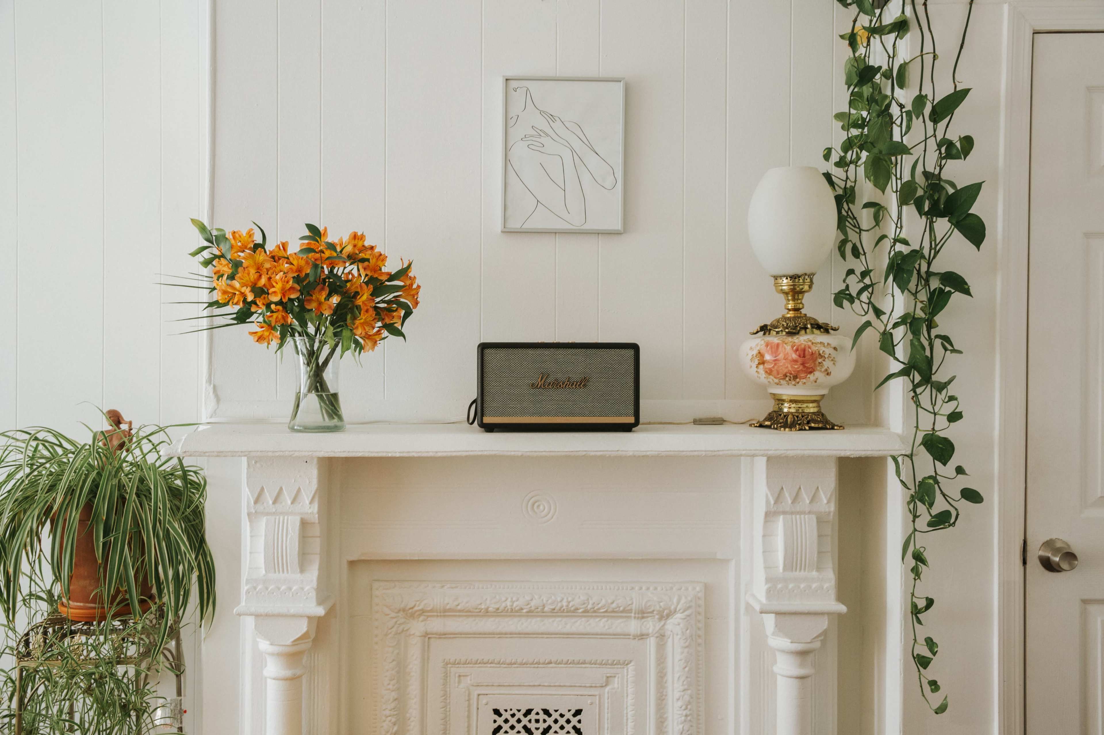 A marble fireplace adorned with a bouquet of orange flowers, a vintage speaker, and a decorative lamp, surrounded by a potted plant and a wall with a framed drawing.