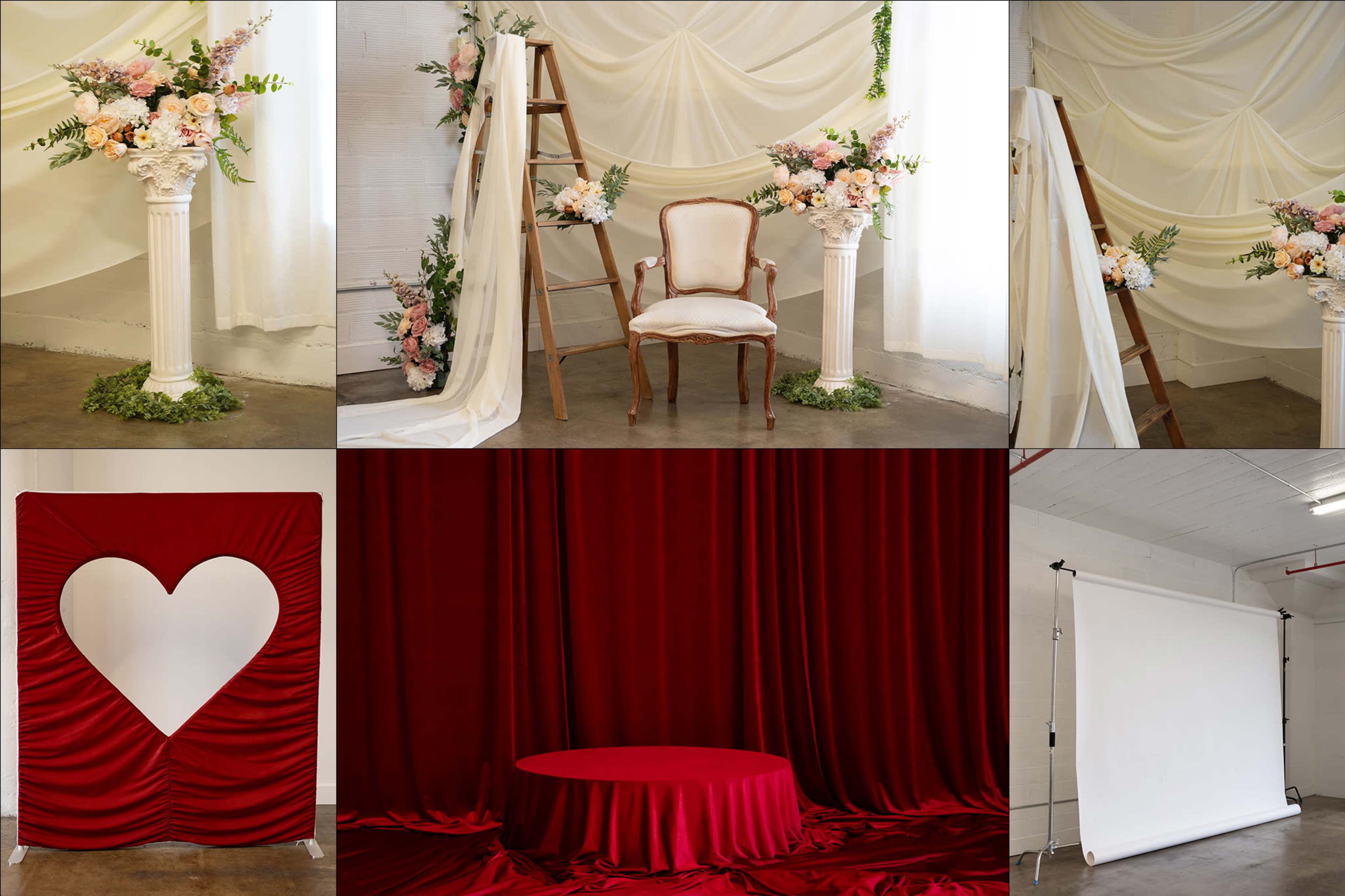 The image features various decorative scenes, including floral arrangements near a column, a vintage chair, and multiple backdrops in red and white, suitable for event photography.