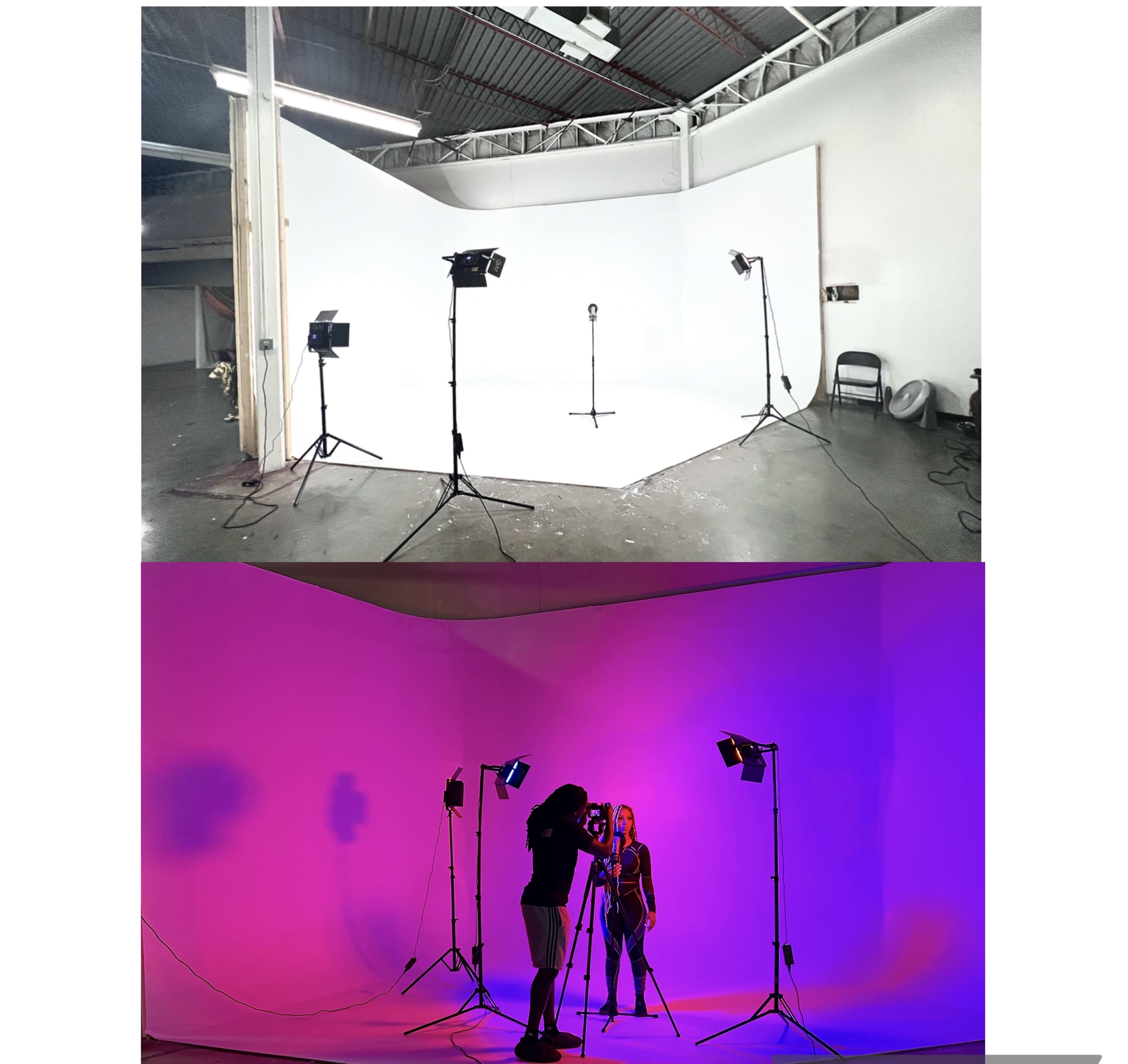 Two photography studio setups: the top features a plain white backdrop with lights positioned around a microphone, while the bottom displays a colorful backdrop with two individuals being photographed under soft lighting.