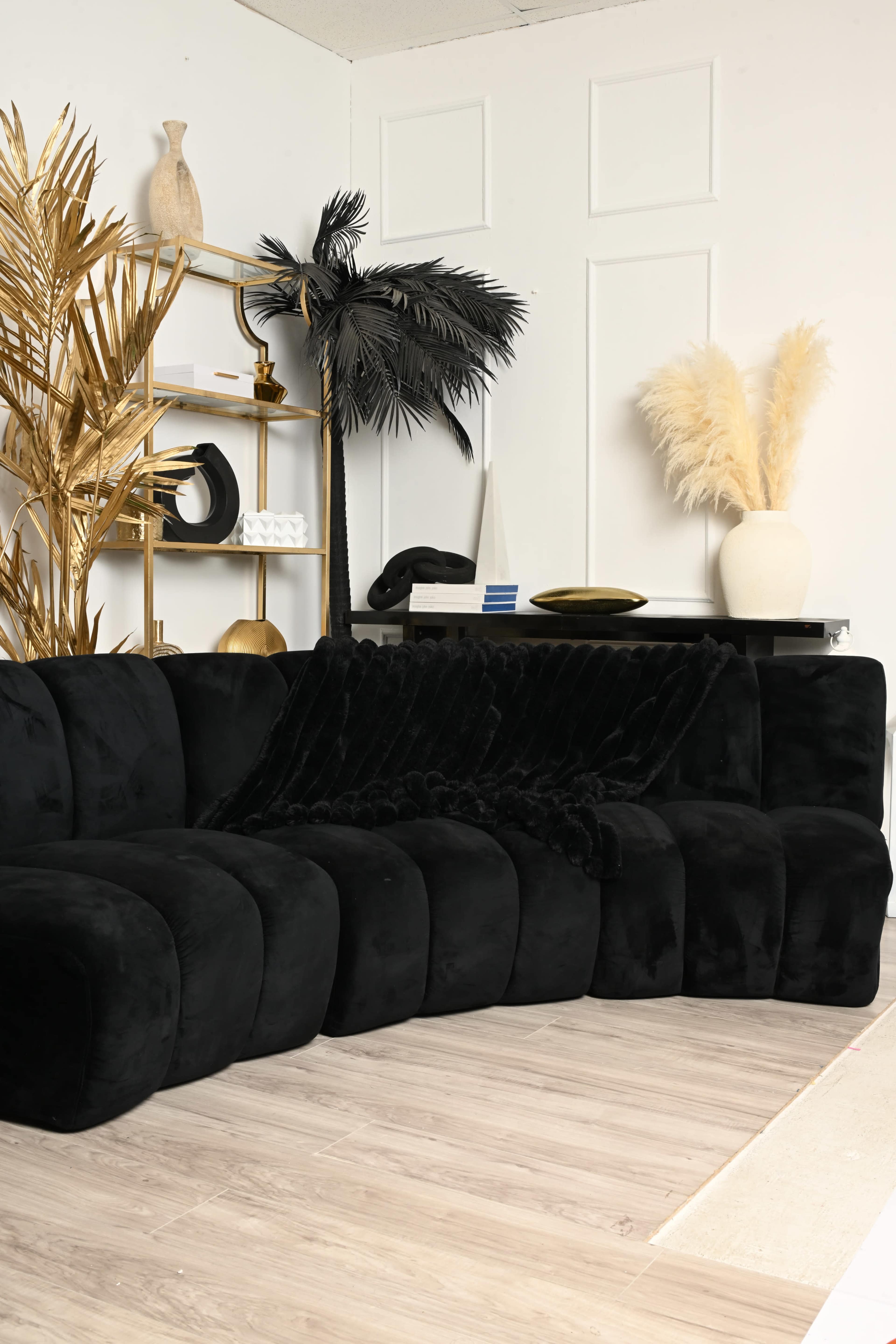 The image shows a modern, black sectional sofa situated against a light-colored wall, accompanied by decorative plants and minimalist decor on a nearby shelf.